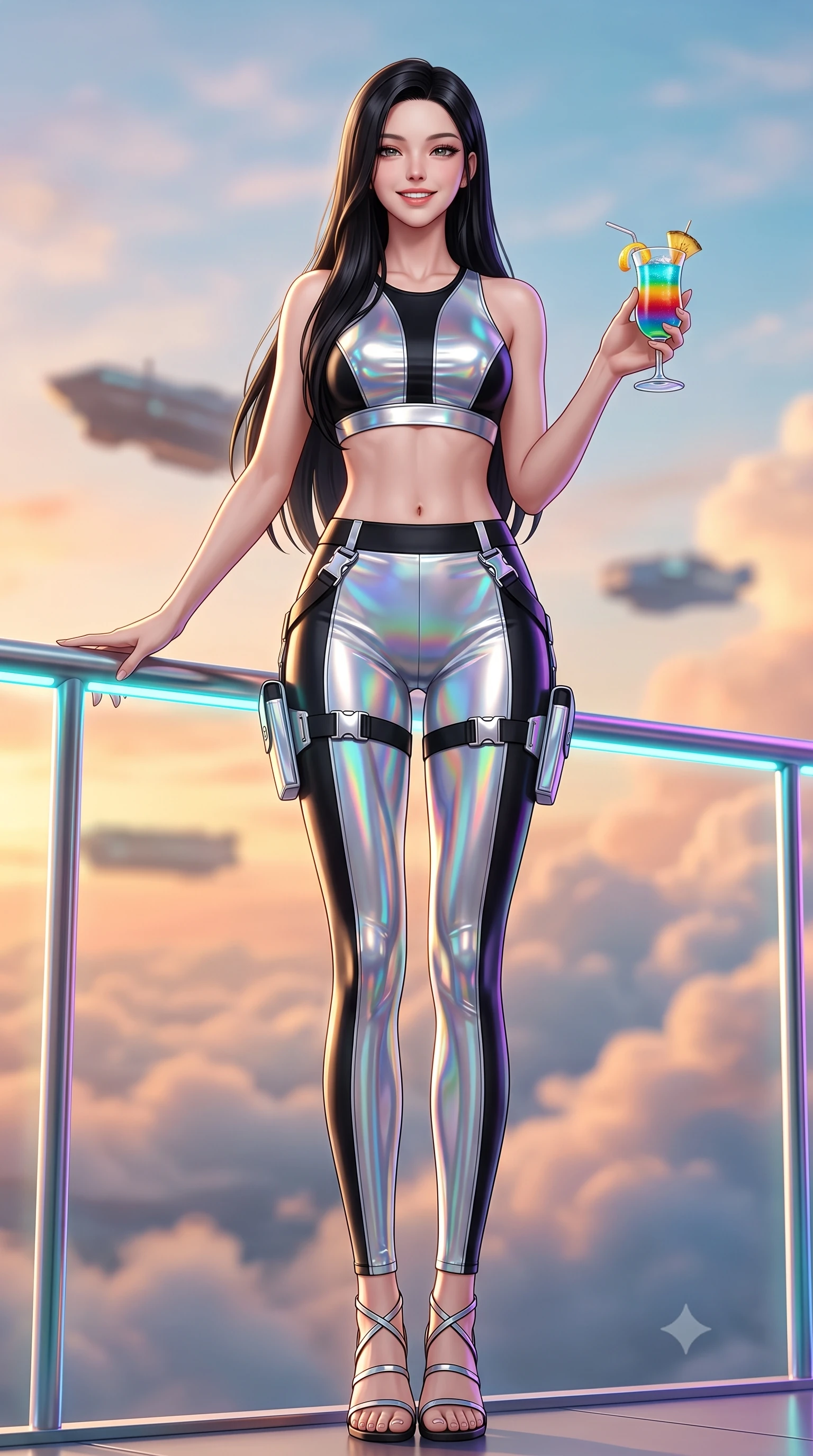 score_9, masterpiece, best quality, ultra-detailed, high-budget anime keyframe, semi-realistic 3D game render, editorial fashion photography, tasteful artistic composition, Korean woman. low angle full-body shot from head to toe showing her feet, filling the entire 9:16 vertical frame with her statuesque presence, stretching her vertical silhouette. standing in a tall, confident posture with one hand on a glowing metal railing, stretching her statuesque body as she arches her lower back to emphasize her sculpted feminine hips and slender waist while lounging in a floating anti-gravity pod chair with legs crossed, holding an exotic cocktail with effortless high-society cool. The background shows a soft-focus rolling billowing sunset clouds below and floating repulsor-lift sky barges blurred into peach, apricot, and sky-blue bokeh. She has an absolutely perfect, statuesque 8.5-heads proportion, an exceptionally tall and slender model-like female figure with impossibly long slender legs, an ultra-slim waist, a flat toned midriff, narrow delicate ribcage, and beautifully sculpted feminine hips creating a graceful, slim hourglass silhouette without any bulky heaviness. sharp v-shaped jawline, high-bridge nose, intricate jewel-like sparkling eyes with depth, thick eyelashes, glossy parted lips with a natural sheen, bright confident smile with an enchanting and coquettish sensual glint, exuding both youthful magnetic charm and sovereign high-tech allure, flawlessly proportioned anatomical accuracy, strict slender model proportions, natural body alignment, perfectly sculpted long slender limbs, ultra-slim waistline, clean dynamic posture without body distortion. wearing a tactical racerback athletic crop top paired with skin-tight high-waisted holographic combat leggings in liquid chrome silver and pitch black, woven from layered gossamer holographic organza casting chromatic prism reflections, finished with polished chrome buckle hardware and modular magnetic holster clasps, the form-fitting tactical tailoring adhering flawlessly to her sculpted flat midriff and slender torso, emphasizing her long leg lines and perfectly proportioned willowy build. illuminated by terrace accent lighting and sharp champagne-gold rim lights defining her sculpted collarbones, ultra-slim waist, and curvy hips. highly saturated vibrant anime colors, detailed shading with soft gradients, rich glossy textures, high-contrast stereoscopic depth, volumetric dynamic lighting, master piece, 9:16 ratio