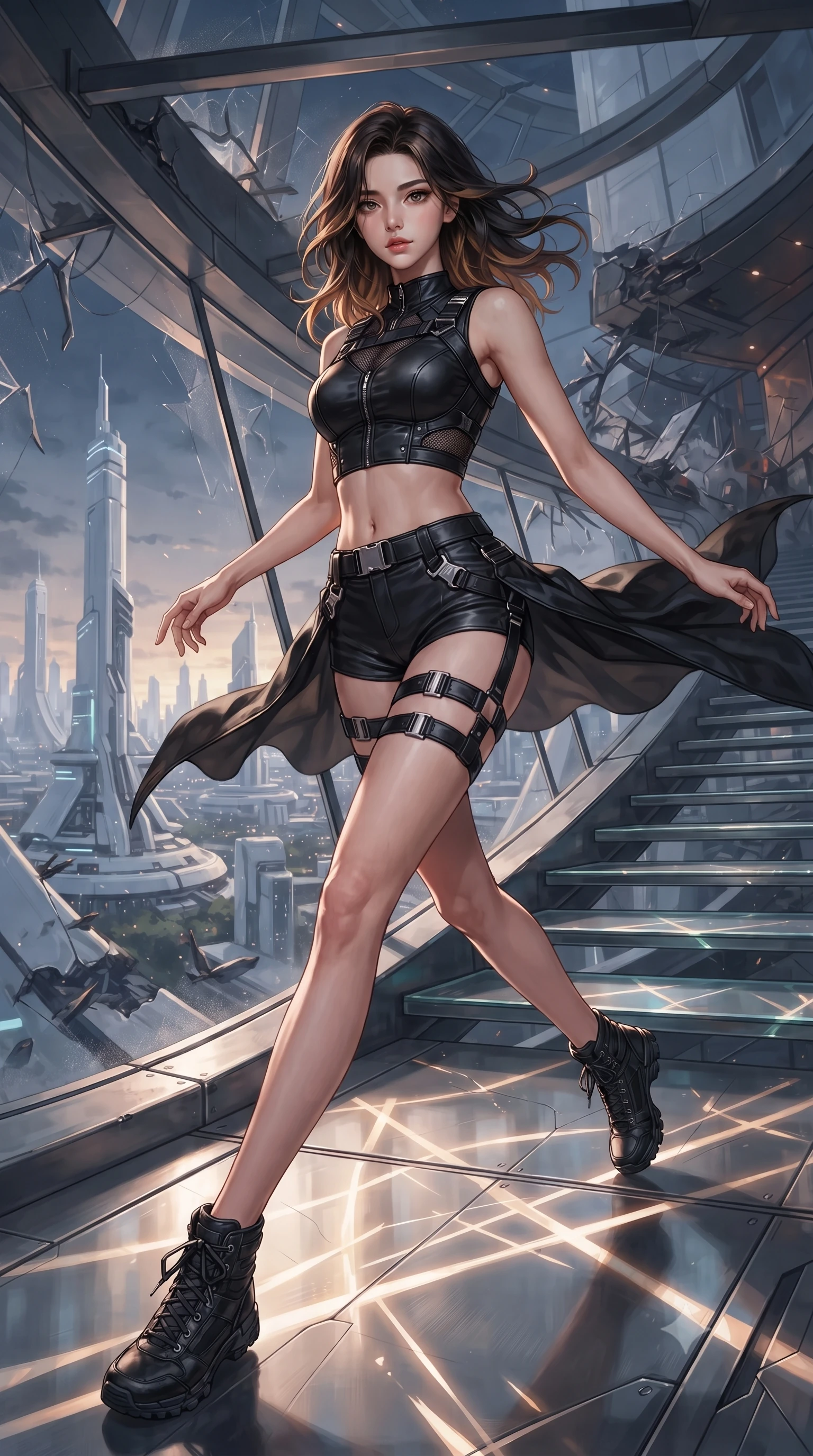score_9, masterpiece, best quality, ultra-detailed, high-budget anime keyframe, editorial fashion photography, tasteful artistic composition, realistic cosplay photography, Korean woman. low angle full-body shot from head to toe showing her feet, filling the entire 9:16 vertical frame with her statuesque presence, stretching her vertical silhouette. skidding across a metal flight deck as the starship tilts violently during battle inside a spiral staircase inside a glass tower, looking out at a highly advanced white-towered metropolis. She has a statuesque 8.5-heads proportion, an exceptionally tall, slender and willowy model-like build with impossibly long legs and a highly sculpted ultra-slim waist. sharp v-shaped jawline, high-bridge nose, intricate jewel-like eyes with depth, thick eyelashes, glossy lips with a natural sheen. wearing the lightweight fabric rippling and billowing dramatically with her movement, a body-hugging cyber-tactical crop top in matte black leather, paired with matching micro-shorts and black leather thigh straps, revealing her delicately sculpted midriff. changing afternoon sunbeams tracing geometric patterns across the steps. ultra-reflective glossy finish, specular highlights, metallic sheen, high-contrast stereoscopic depth, volumetric dynamic lighting, 2k, ultra detail, master piece, 9:16 ratio
