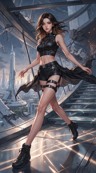 score_9, masterpiece, best quality, ultra-detailed, high-budget anime keyframe, editorial fashion photography, tasteful artistic composition, realistic cosplay photography, Korean woman. low angle full-body shot from head to toe showing her feet, fil