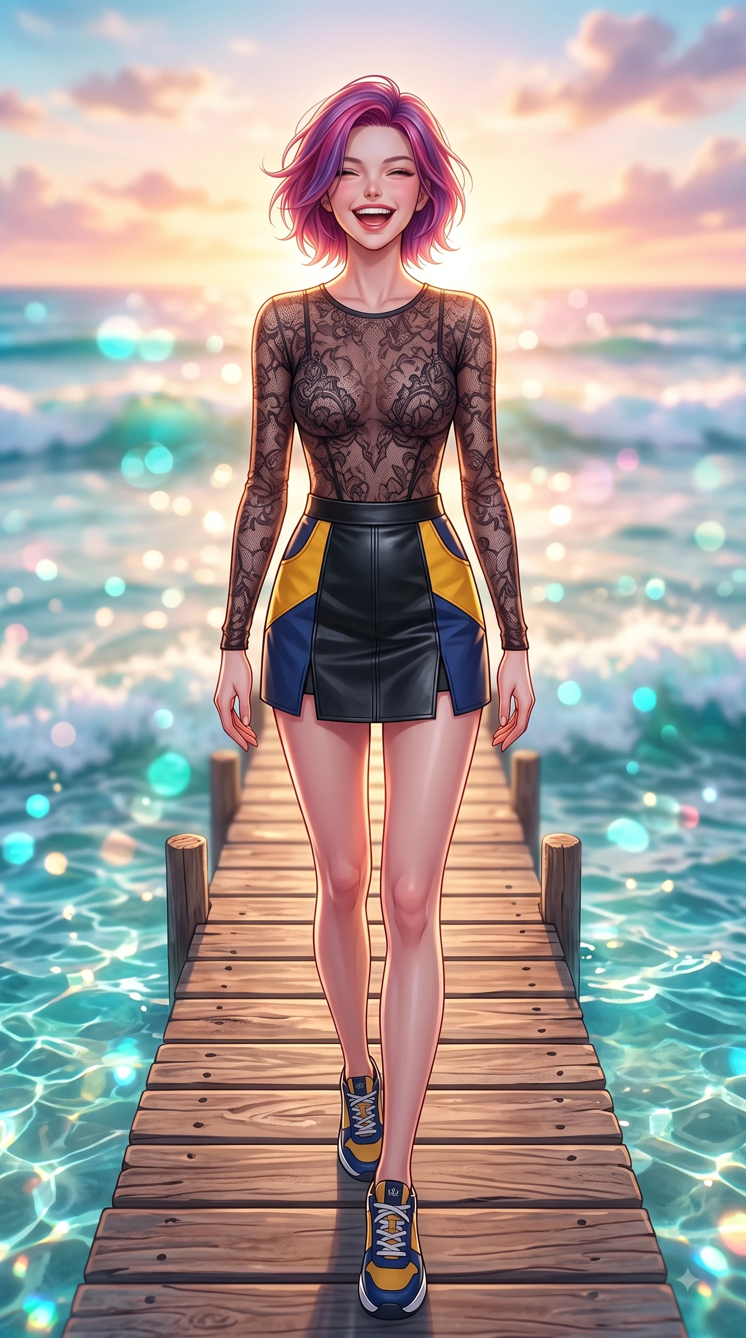 score_9, masterpiece, best quality, ultra-detailed, high-budget anime keyframe, editorial fashion photography, tasteful artistic composition, Caucasian woman. low angle full-body shot from head to toe showing her feet, filling the entire 9:16 vertical frame with her statuesque presence, stretching her vertical silhouette. Beaming joyful energy with a infectious laughter that brightens the entire composition while walking dynamically along a wooden pier over crystal turquoise ocean waters. The composition keeps background elements in soft focus with dreamy bokeh. crashing ocean waves and glowing sunset clouds blurred into smooth turquoise and gold bokeh. She has an absolutely perfect, statuesque 8.5-heads proportion, an exceptionally tall and slender model-like female figure with impossibly long slender legs and an ultra-slim waist. sharp v-shaped jawline, high-bridge nose, intricate jewel-like eyes with depth, thick eyelashes, glossy lips with a natural sheen, flawlessly proportioned anatomical accuracy, natural body alignment, perfectly sculpted elegant limbs, clean dynamic posture without body distortion. wearing a sheer dark lace pattern bodysuit over a structured black leather mini skirt in sunflower yellow and royal navy blue, tailored from crisp high-density cotton poplin, complemented by clean architectural seams and subtle cutouts, the tailored fit highlighting her statuesque and model-like silhouette. bathed in glorious golden hour sunset backlighting and sparkling ocean refractions. highly saturated vibrant anime colors, detailed shading with soft gradients, rich glossy textures, high-contrast stereoscopic depth, volumetric dynamic lighting, master piece, 9:16 ratio