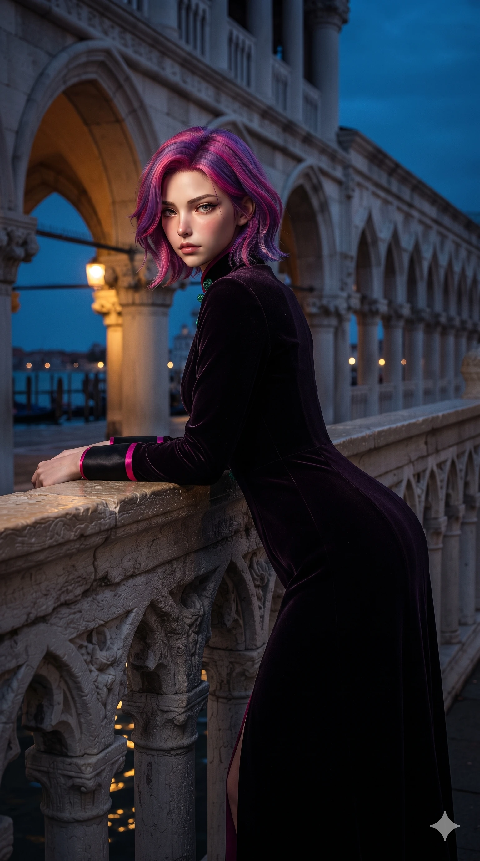 score_9, masterpiece, best quality, ultra-detailed, high-budget anime keyframe, editorial fashion photography, tasteful artistic composition, Caucasian woman. close-up cowboy shot from the waist and thighs up, the character dominates the composition, filling the frame with her large presence. leaning forward over the carved stone gothic balustrade, looking back with sleepy seductive bedroom-eyes as water reflections dance across her silhouette while standing poised beneath the monumental stone arches of the colonnade, arching her spine with ethereal siren poise as twilight mist settles over the lagoon. The surrounding environment is rendered in vivid detail and crisp panoramic clarity: intricate sheer vintage mesh beadwork, fine lace trims, and monumental Venetian Renaissance architecture in razor-sharp clarity. She has an exceptionally elegant, slender, and willowy female figure with an ultra-slim waist, flat toned midriff, narrow ribcage, and sculpted feminine hips creating an alluring, slim hourglass silhouette without bulk. sharp v-shaped jawline, high-bridge nose, intricate jewel-like sparkling eyes with depth, thick eyelashes, glossy parted lips with a natural sheen, intensely captivating and seductive bedroom-eyes expression, exuding both youthful cute charm and sovereign luxury allure, flawlessly proportioned anatomical accuracy, strict slender model proportions, natural body alignment, perfectly sculpted long slender limbs, ultra-slim waistline, clean dynamic posture without body distortion. wearing a tailored high-collar velvet evening coat dress with structural waist cinching and satin cuff accents in black lacquer and vibrant magenta neon, tailored from heavy double-faced silk georgette with an exceptionally fluid drape, finished with sleek jade frog closures glinting along her high collar, the impeccably tailored cut draping gracefully along her slender figure with aristocratic poise. bathed in the romantic atmospheric contrast of warm 2500K lantern glow beneath the arches and deep indigo twilight outside. ultra-reflective glossy finish, specular highlights, rich textural contrasts, high-contrast stereoscopic depth, volumetric dynamic lighting, 2k, ultra detail, master piece, 9:16 ratio