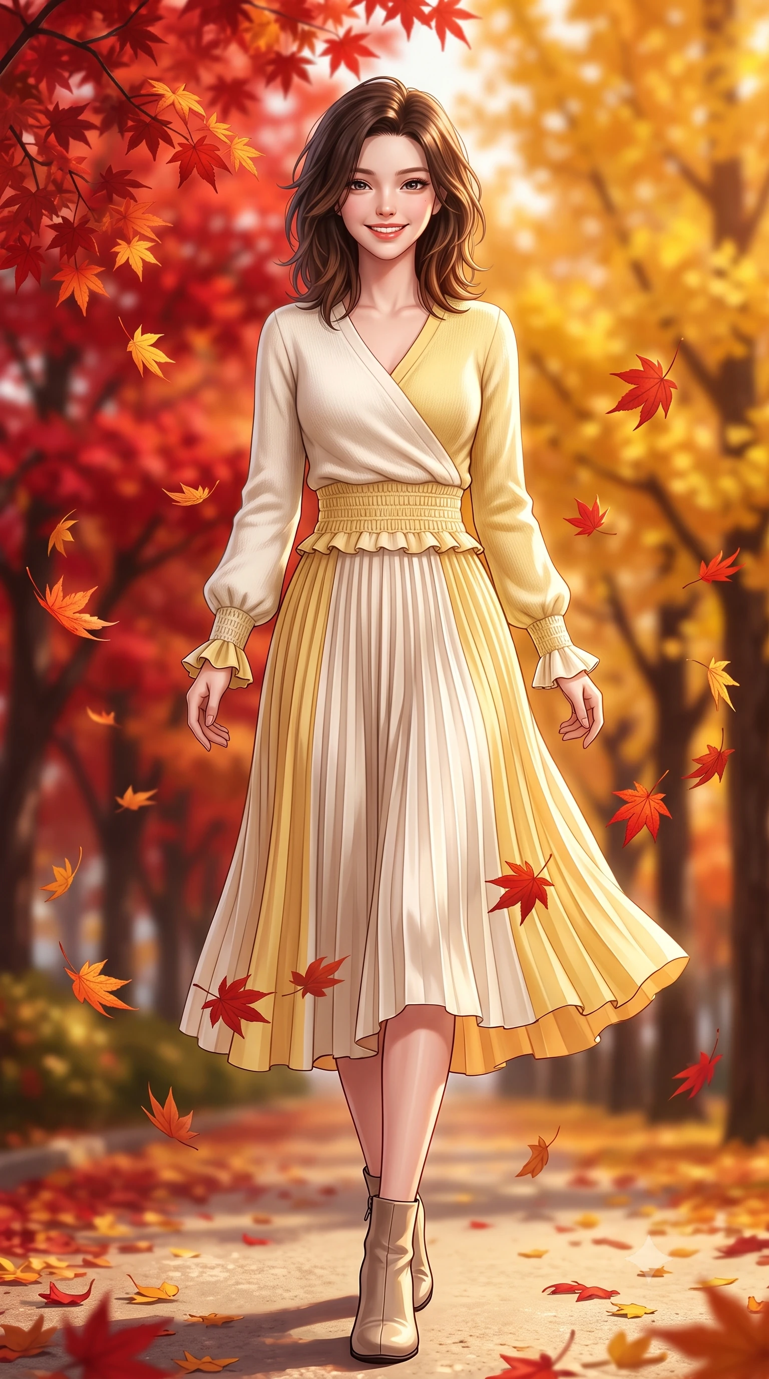 score_9, masterpiece, best quality, ultra-detailed, high-budget anime keyframe, semi-realistic 3D game render, editorial fashion photography, tasteful artistic composition, Korean woman. low angle full-body shot from head to toe showing her feet, filling the entire 9:16 vertical frame with her statuesque presence, stretching her vertical silhouette. walking forward in a cheerful, dynamic stride with a radiant beaming smile, her statuesque silhouette filling the frame while turning gracefully as falling scarlet and amber leaves swirl playfully around her tall, slender silhouette. The composition keeps background elements in soft focus with creamy bokeh. blazing scarlet maple canopies and golden ginkgo trees blurred into rich ruby, amber, and burnt orange bokeh. She has an absolutely perfect, statuesque 8.5-heads proportion, an exceptionally tall and slender model-like female figure with impossibly long slender legs, a toned flat midriff, and an ultra-slim waist. sharp v-shaped jawline, high-bridge nose, intricate jewel-like eyes with depth, thick eyelashes, glossy lips with a natural sheen, pure and lovely fresh girlhood expression, flawlessly proportioned anatomical accuracy, strict slender model proportions, natural body alignment, perfectly sculpted long slender limbs, ultra-slim waistline, clean dynamic posture without body distortion. wearing an elegant soft cashmere wrap sweater paired with a flowing pleated satin midi skirt in fresh buttercup yellow and clean cream white, knitted from ultra-soft cozy baby-cashmere yarn, accented with soft smocked elastic details and ruffled cuff trims, the soft airy drape swaying gracefully with her dynamic movements, emphasizing her tall willowy build and slim waistline. surrounded by a warm, romantic, and deeply nostalgic autumn sweetheart aura. highly saturated vibrant anime colors, detailed shading with soft gradients, rich glossy textures, high-contrast stereoscopic depth, volumetric dynamic lighting, master piece, 9:16 ratio