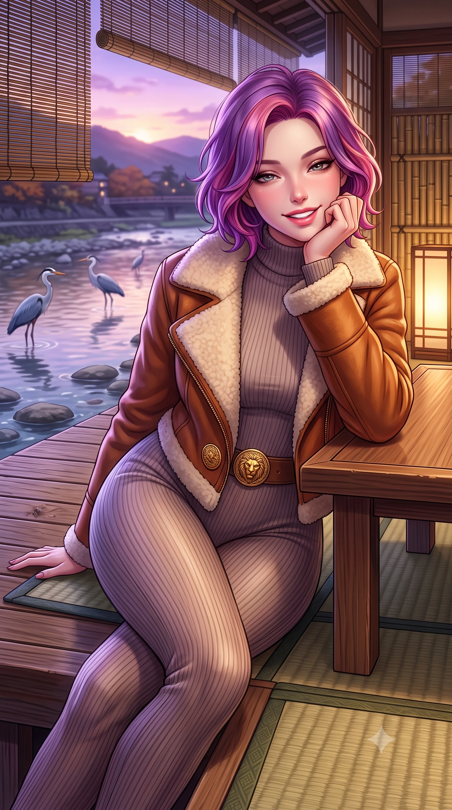 score_9, masterpiece, best quality, ultra-detailed, high-budget anime keyframe, semi-realistic 3D game render, editorial fashion photography, tasteful artistic composition, Caucasian woman. close-up cowboy shot from the waist and thighs up, the character dominates the composition, filling the frame with her large presence. resting one elbow on the table and supporting her chin, leaning close to the camera with heavy-lidded sparkling eyes and parted lips while sitting gracefully on a tatami mat at the open veranda edge, watching herons wade in the Kamogawa river with tranquil charm. The surrounding environment is rendered in vivid detail and crisp panoramic clarity: sharp weather-beaten cedar wood decking textures, river stones in clear shallow water, and bamboo lattice blinds in deep focus. She has an exceptionally elegant, slender, and willowy female figure with an ultra-slim waist, flat toned midriff, narrow ribcage, and sculpted feminine hips creating an alluring, slim hourglass silhouette without bulk. sharp v-shaped jawline, high-bridge nose, intricate jewel-like sparkling eyes with depth, thick eyelashes, glossy parted lips with a natural peach sheen, bright cheerful beaming smile with an enchanting and coquettish sensual glint, exuding both youthful cute charm and seductive allure, flawlessly proportioned anatomical accuracy, strict slender model proportions, natural body alignment, perfectly sculpted long slender limbs, ultra-slim waistline, clean dynamic posture without body distortion. wearing an ultra-snug ribbed merino wool catsuit jumpsuit tracing her long slender limbs and narrow waist under an open shearling jacket in warm winter cinnamon and toasted caramel, crafted from liquid-tight stretch cashmere knit clinging flawlessly to every curve with silky softness, accented with an ornate 24k gold lion-embossed crest button along the snug front closure, the form-contouring silhouette accentuating her sculpted flat midriff, narrow delicate ribcage, and gracefully curvy hips with intoxicating allure. bathed in the soft purple-gold twilight glow of autumn sunset over the Higashiyama mountains mixed with warm paper lantern lights. highly saturated vibrant anime colors, detailed shading with soft gradients, rich glossy textures, high-contrast stereoscopic depth, volumetric dynamic lighting, master piece, 9:16 ratio