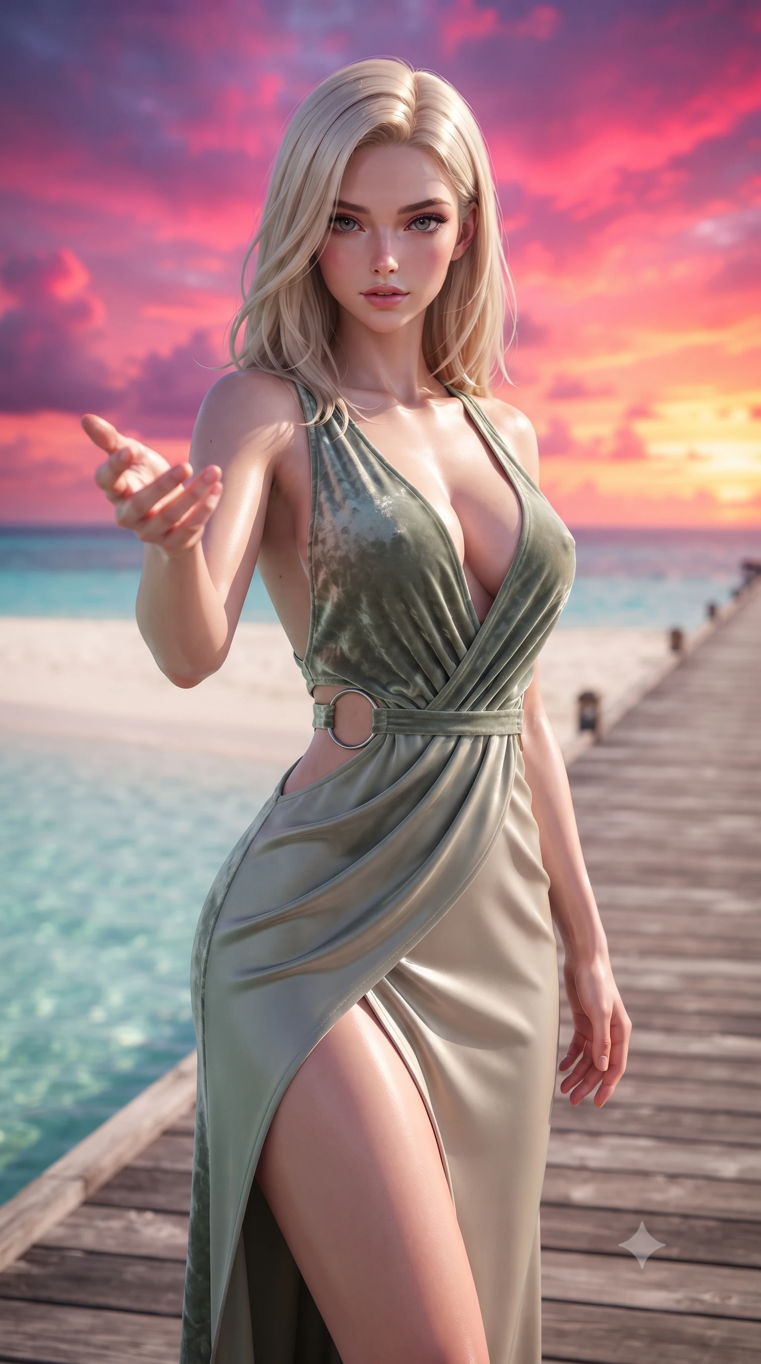 score_9, masterpiece, best quality, ultra-detailed, high-budget anime keyframe, editorial fashion photography, tasteful artistic composition, Caucasian woman. close-up cowboy shot from the waist and thighs up, the character dominates the composition, filling the frame with her large presence, background elements kept in soft focus. Reaching one hand gracefully toward the viewer with effortless superiority and allure poised on a palm-shaded wooden pier leading into crystal-clear tropical water, soft white sand contrasting with rich azure ocean hues. She has an exceptionally elegant, slender, and willowy female figure with an ultra-slim waist, a gracefully sculpted slender torso, and a refined silhouette. sharp v-shaped jawline, high-bridge nose, intricate jewel-like eyes with depth, thick eyelashes, glossy lips with a natural sheen. wearing a backless crushed velvet gown with a deep V-neckline and high thigh slit in sage green and oatmeal, crafted from lustrous satin jersey with fluid draping, accented with delicate chrome ring hardware framing her waist, the form-contouring material highlighting her ultra-slim waist and long lines. illuminated by a brilliant sunset sky painting the clouds in magenta and orange. ultra-reflective glossy finish, specular highlights, metallic sheen, high-contrast stereoscopic depth, volumetric dynamic lighting, 2k, ultra detail, master piece, 9:16 ratio