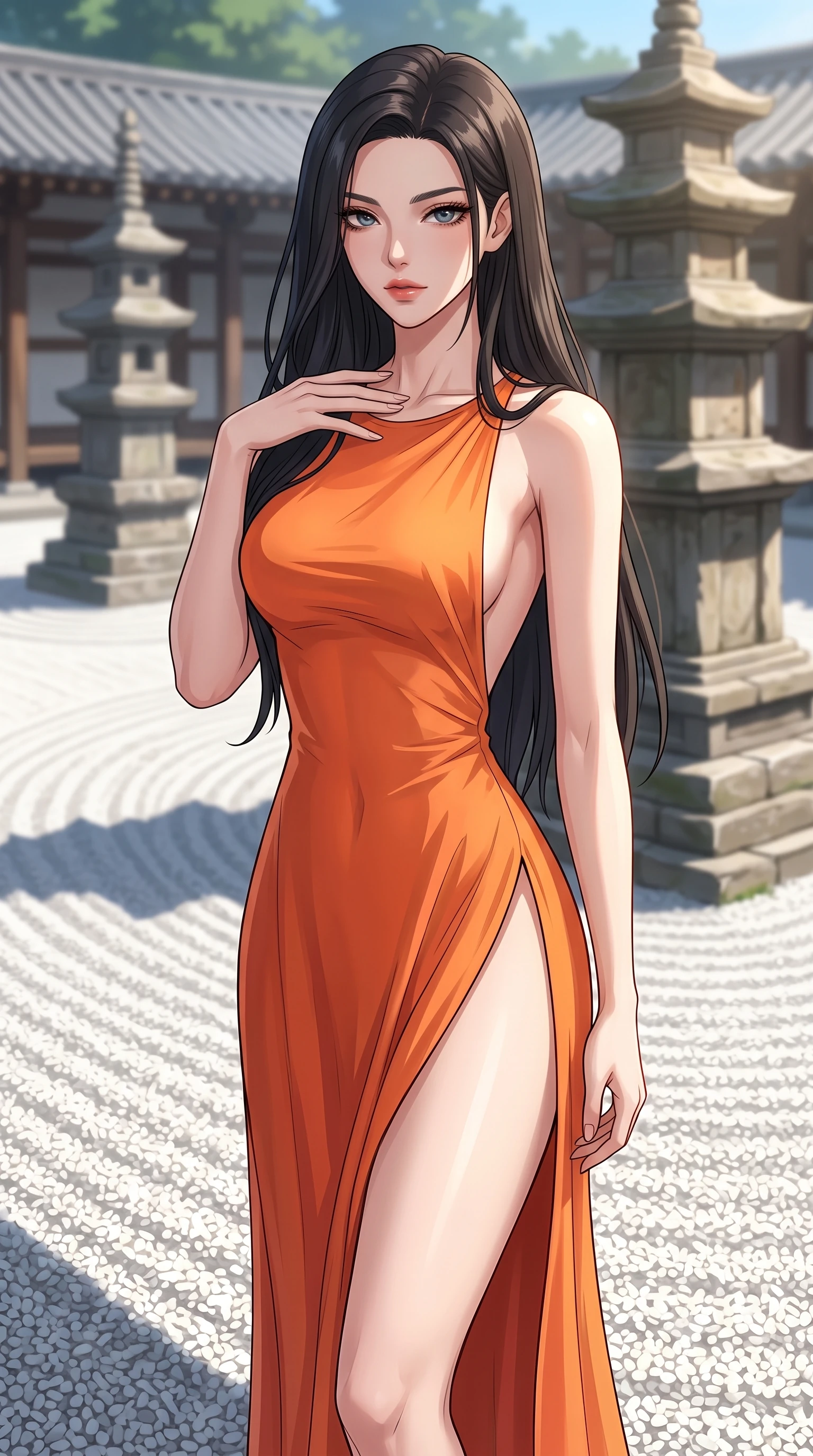 score_9, masterpiece, best quality, ultra-detailed, high-budget anime keyframe, tasteful artistic composition, Korean woman. close-up cowboy shot from the waist and thighs up, the character dominates the composition, filling the frame with her large presence, background elements kept in soft focus. standing with one hand resting on her collarbone, looking at the viewer with bedroom-eyes the background shows a soft-focus a quiet courtyard of an old temple with raked white gravel and stone pagodas. She has an exceptionally elegant, slender, and willowy female figure with an ultra-slim waist, a gracefully sculpted slender torso, and a refined silhouette. sharp v-shaped jawline, high-bridge nose, intricate jewel-like eyes with depth, thick eyelashes, glossy lips with a natural sheen. wearing a slim-fit high-slit resort gown in sunset orange chiffon, featuring a daring thigh-slit and open back. crisp morning sunlight casting sharp, clean shadows across the gravel. highly saturated vibrant anime colors, cel-shading, 2d style, master piece, 9:16 ratio