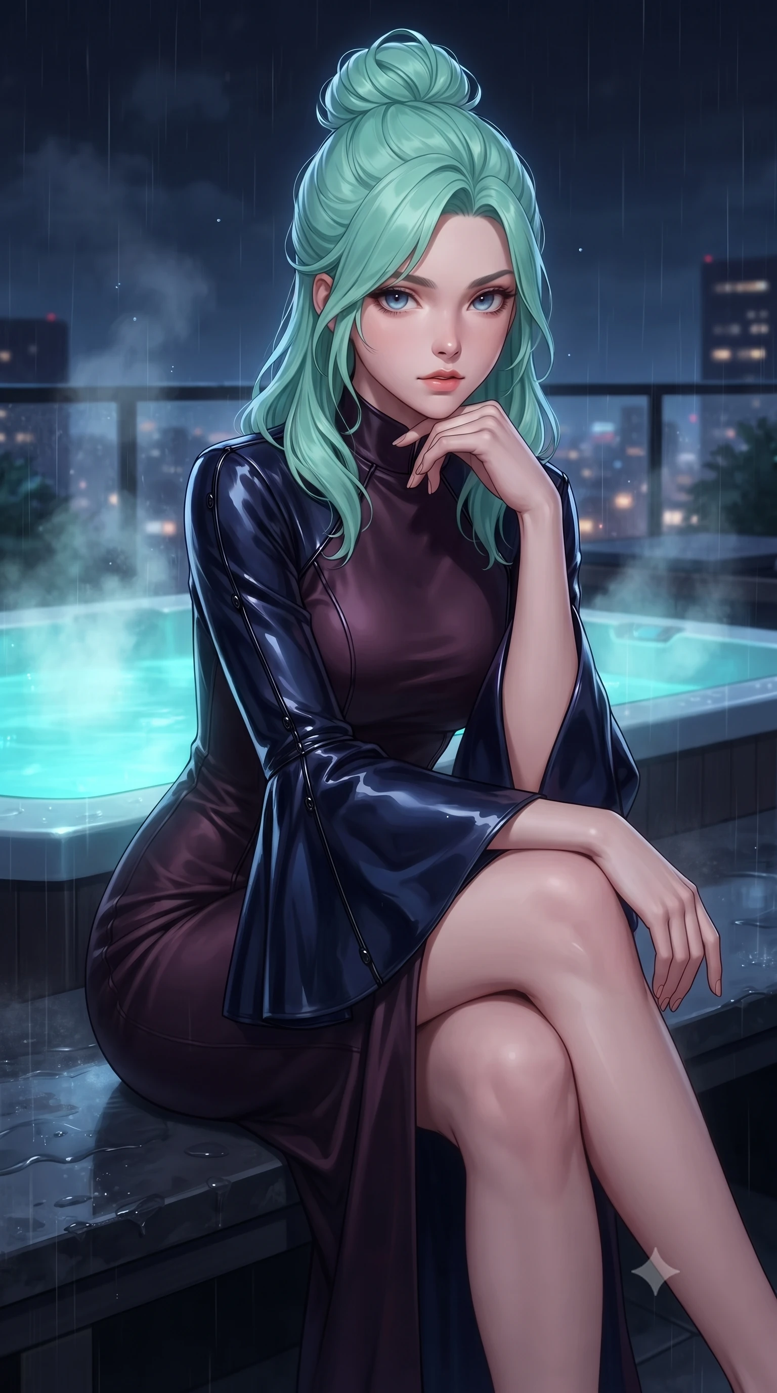 score_9, masterpiece, best quality, ultra-detailed, high-budget anime keyframe, editorial fashion photography, tasteful artistic composition, Japanese woman. close-up cowboy shot from the waist and thighs up, the character dominates the composition, filling the frame with her large presence, background elements kept in soft focus. Resting her chin on the backs of her fingers with an air of effortless superiority, resting on a dark slate bench as steam rises into the cool nocturnal rain, cool night mist drifting gently across the dark rooftop terrace. She has an exceptionally elegant, slender, and willowy female figure with an ultra-slim waist, a gracefully sculpted slender torso, and a refined silhouette. sharp v-shaped jawline, high-bridge nose, intricate jewel-like eyes with depth, thick eyelashes, glossy lips with a natural sheen. wearing gothic high-collar dark plum silk evening gown with bell sleeves in midnight navy blue, made of high-gloss liquid vinyl, adorned with minimalist black onyx hardware framing the silhouette, following her slender form with tailored precision. illuminated by glowing aqua LED jacuzzi lights and distant city skyglow. highly saturated vibrant anime colors, detailed shading with soft gradients, rich glossy textures, high-contrast stereoscopic depth, volumetric dynamic lighting, master piece, 9:16 ratio