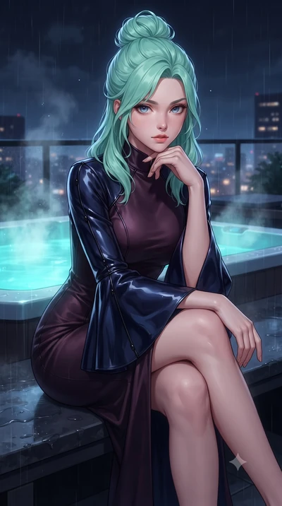 score_9, masterpiece, best quality, ultra-detailed, high-budget anime keyframe, editorial fashion photography, tasteful artistic composition, Japanese woman. close-up cowboy shot from the waist and thighs up, the character dominates the composition, 