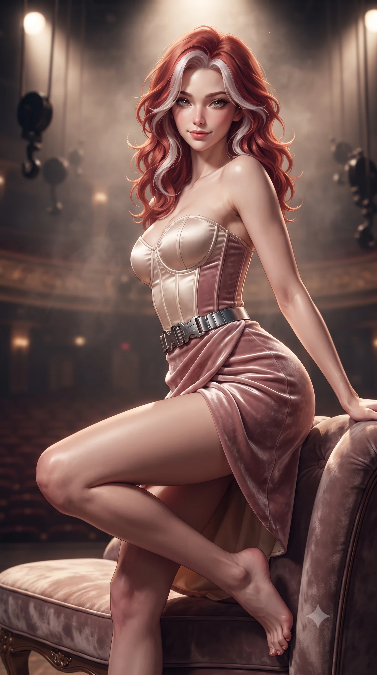 score_9, masterpiece, best quality, ultra-detailed, high-budget anime keyframe, editorial fashion photography, tasteful artistic composition, Caucasian woman. close-up cowboy shot from the waist and thighs up, the character dominates the composition, filling the frame with her large presence. perched sideways on the lounge seat, one knee drawn up to showcase her slender leg line while her arched back accentuates her feminine hip curve while twisting her slender torso in an alluring S-curve, theatrical stage spotlights casting dramatic shadows across her waist and hips. The background shows a soft-focus stage spotlights, counterweight pulleys, and distant auditorium rows below blurred into amber, cobalt, and smoky charcoal bokeh. She has an exceptionally elegant, slender, and willowy female figure with an ultra-slim waist, flat toned midriff, narrow ribcage, and sculpted feminine hips creating an alluring, slim hourglass silhouette without bulk. sharp v-shaped jawline, high-bridge nose, sparkling eyes with hypnotic seductive depth, thick curled eyelashes, glossy parted lips with a natural dewy peach sheen, alluring bedroom-eyes with an enchanting coquettish smile, exuding magnetic siren charisma and sophisticated glamour, flawlessly proportioned anatomical accuracy, strict slender model proportions, natural body alignment, perfectly sculpted long slender limbs, ultra-slim waistline, clean dynamic posture without body distortion. wearing a strapless boned satin corset bodice paired with a draped tulip ballet wrap skirt framing her hourglass curves in powder champagne cream and dusty rose velvet, crafted from fluid liquid silk satin that clings smoothly to every curve with a dewy sheen, accented with a quick-release tactical chrome buckle harness resting snugly across her hips, the glove-like clinging cut tightly following the natural contour of her hips and long slender legs with youthful 8.5-heads elegance. bathed in dramatic theatrical follow-spotlight beams cutting through hazy stage air. ultra-reflective glossy finish, specular highlights, rich textural contrasts, high-contrast stereoscopic depth, volumetric dynamic lighting, 2k, ultra detail, master piece, 9:16 ratio