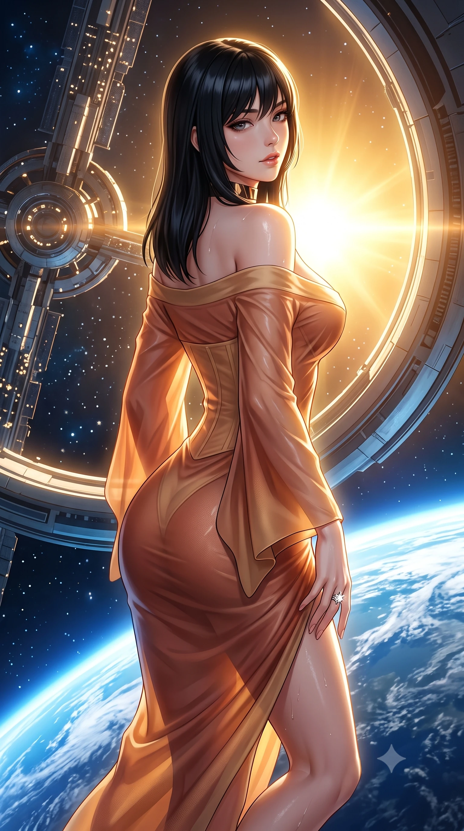 score_9, masterpiece, best quality, ultra-detailed, high-budget anime keyframe, semi-realistic 3D game render, editorial fashion photography, tasteful artistic composition, Caucasian woman. close-up cowboy shot from the waist and thighs up, the character dominates the composition, filling the frame with her large presence. turning over a bare shoulder with an intoxicating, teasing smile, her soft hair framing her sharp jawline as her hips angle gracefully while floating weightlessly beside an architectural titanium lounge ring, arching her spine in a fluid, dancer-like line as orbital sunrise floods her silhouette. The surrounding environment is rendered in vivid detail and crisp panoramic clarity. detailed aerodynamic space fabric sheen, Earth cloud filament clarity, and starlight reflections in high resolution. She has an exceptionally elegant, slender, and willowy female figure with an ultra-slim waist, flat toned midriff, narrow ribcage, and sculpted feminine hips creating an alluring, slim hourglass silhouette without bulk. sharp v-shaped jawline, high-bridge nose, intricate jewel-like eyes with depth, thick eyelashes, glossy parted lips with a natural sheen, intensely captivating and seductive bedroom-eyes expression, flawlessly proportioned anatomical accuracy, strict slender model proportions, natural body alignment, perfectly sculpted long slender limbs, ultra-slim waistline, clean dynamic posture without body distortion. wearing a delicate semi-translucent silk yukata that clings to her wet skin and curvy hip contours in desert terracotta copper and sun-baked sand gold, made of fluid silk crepe with delicate inner corsetry boning, complemented by a bold geometric choker and sparkling cocktail ring, the form-contouring material adhering flawlessly to her sculpted flat midriff and slender torso, emphasizing her long leg lines and perfectly proportioned willowy build. bathed in radiant golden orbital sunrise backlighting and ambient cool blue Earth glow from below. highly saturated vibrant anime colors, detailed shading with soft gradients, rich glossy textures, high-contrast stereoscopic depth, volumetric dynamic lighting, master piece, 9:16 ratio