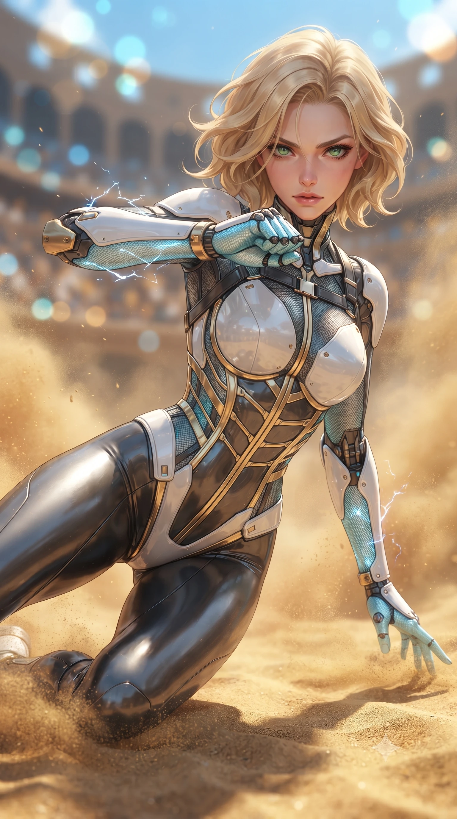 score_9, masterpiece, best quality, ultra-detailed, high-budget anime keyframe, editorial fashion photography, tasteful artistic composition, Caucasian woman. close-up cowboy shot from the waist and thighs up, the character dominates the composition, filling the frame with her large presence. twisting her upper body in a dynamic S-curve martial arts stance, cybernetic elbow dampers emitting subtle electric sparks as she aims a focused palm strike while sliding across the sand into a low defensive crouch with one hand trailing through the golden grains with captivating allure. The composition keeps background elements in soft focus with creamy bokeh. holographic colosseum spectator galleries and swirling sand dust blurred into rich golden amber and sky-blue bokeh. She has an exceptionally elegant, slender, and willowy female figure with an ultra-slim waist, a gracefully sculpted slender torso, toned flat midriff, and a refined slim silhouette. sharp v-shaped jawline, high-bridge nose, intricate jewel-like eyes with depth, thick eyelashes, glossy lips with a natural sheen, flawlessly proportioned anatomical accuracy, strict slender model proportions, natural body alignment, perfectly sculpted long slender limbs, ultra-slim waistline, clean dynamic posture without body distortion. wearing a precision-tailored high-fashion carbon-fiber corset bodysuit with gold mechanical rib boning and kinetic shock-dampening palms in glacial ice-cyan carbon mesh with pure white armor plates, made of liquid carbon-jersey fabric adhering flawlessly to her sculpted silhouette, reinforced by a sleek titanium kinetic harness and glowing micro-energy straps, the sleek second-skin cut tightly hugging her graceful clavicle, narrow waist, and feminine curves with athletic precision. illuminated by crisp white key lighting with sharp specular highlights tracing her ultra-slim waist and long legs. ultra-reflective glossy finish, specular highlights, dark metallic sheen, high-contrast stereoscopic depth, volumetric dynamic lighting, 2k, ultra detail, master piece, 9:16 ratio