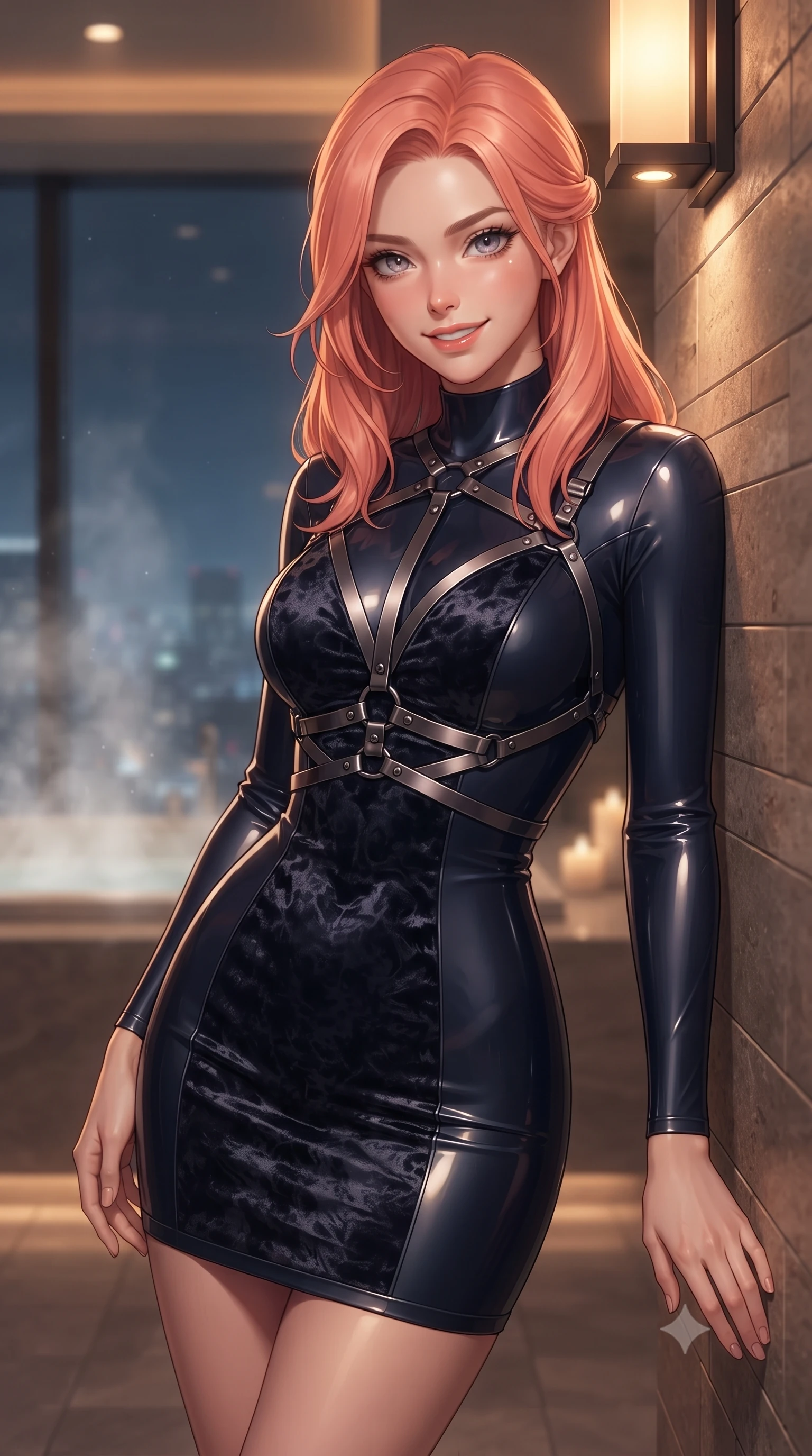 score_9, masterpiece, best quality, ultra-detailed, high-budget anime keyframe, editorial fashion photography, tasteful artistic composition, Japanese woman. close-up cowboy shot from the waist and thighs up, the character dominates the composition, filling the frame with her large presence, background elements kept in soft focus. Smiling with quiet, magnetic self-assurance directly into the camera, resting against a heated stone wall in a private high-floor spa sanctuary, warm amber glow highlighting her sharp v-shaped jawline and glossy lips. She has an exceptionally elegant, slender, and willowy female figure with an ultra-slim waist, a gracefully sculpted slender torso, and a refined silhouette. sharp v-shaped jawline, high-bridge nose, intricate jewel-like eyes with depth, thick eyelashes, glossy lips with a natural sheen. wearing glove-like fit dark navy latex bodycon mini dress in midnight navy blue, made of crushed dark silk velvet, highlighted by a gunmetal metallic harness structure, highlighting her statuesque proportions and ultra-slim waistline. lit by low-key sconce rays contrasting against cold misty city skyglow. ultra-reflective glossy finish, specular highlights, metallic sheen, high-contrast stereoscopic depth, volumetric dynamic lighting, 2k, ultra detail, master piece, 9:16 ratio