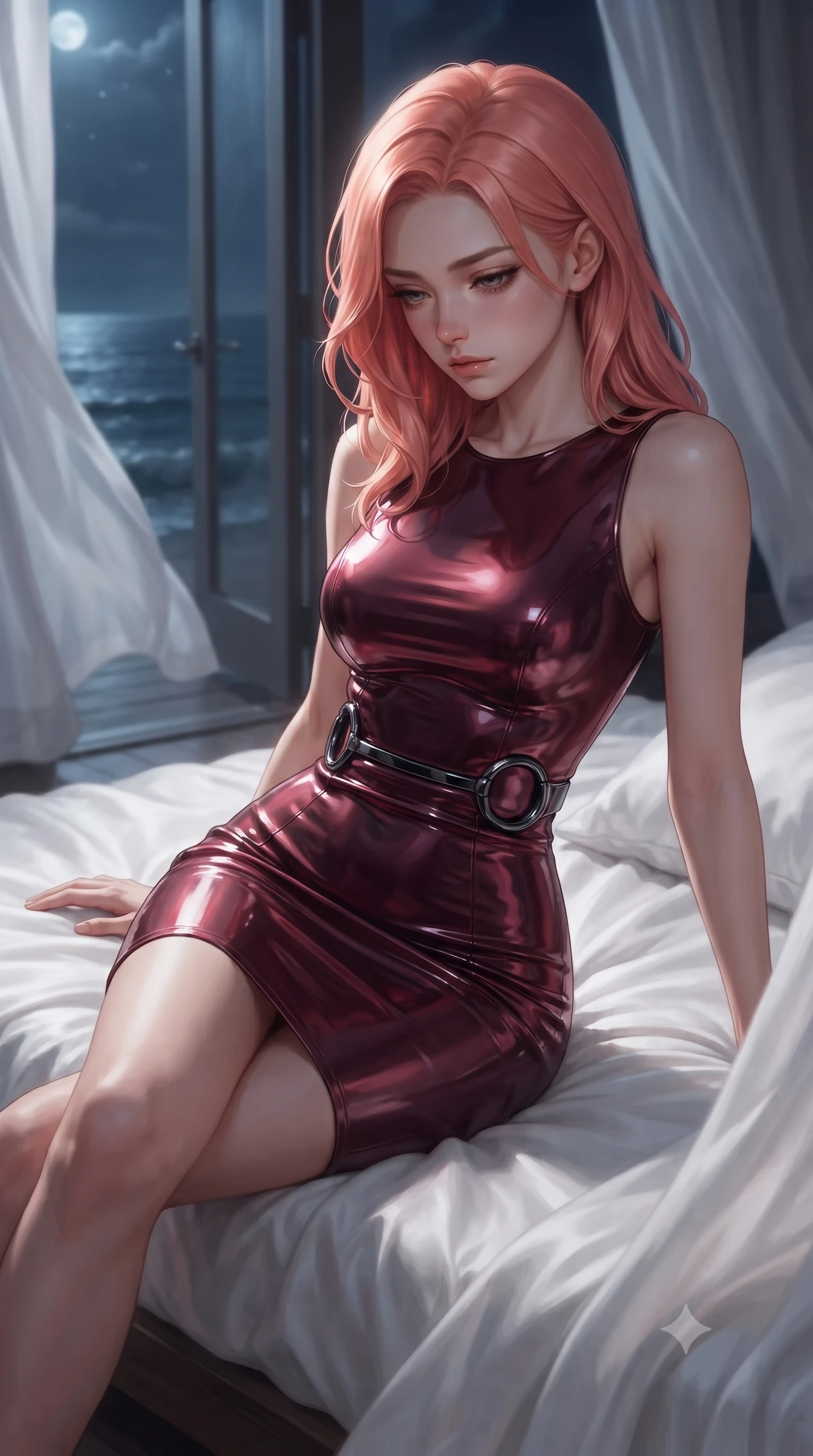 score_9, masterpiece, best quality, ultra-detailed, high-budget anime keyframe, editorial fashion photography, tasteful artistic composition, Japanese woman. close-up cowboy shot from the waist and thighs up, the character dominates the composition, filling the frame with her large presence, background elements kept in soft focus. Looking down with lowered lashes and a composed, powerful dark aura, lounging on a plush white silk daybed as soft sea breezes drift through open doors, gentle ocean movement swaying white silk curtains around her long legs. She has an exceptionally elegant, slender, and willowy female figure with an ultra-slim waist, a gracefully sculpted slender torso, and a refined silhouette. sharp v-shaped jawline, high-bridge nose, intricate jewel-like eyes with depth, thick eyelashes, glossy lips with a natural sheen. wearing precision-fitted bodycon dress in high-gloss liquid vinyl in deep crimson burgundy, made of sculpted obsidian metallic chrome, accented with sculpted obsidian chrome rings at the waist, the fitted fabric emphasizing her ultra-slim waist. lit by quiet moonlight key rays piercing through dark ocean air. ultra-reflective glossy finish, specular highlights, metallic sheen, high-contrast stereoscopic depth, volumetric dynamic lighting, 2k, ultra detail, master piece, 9:16 ratio