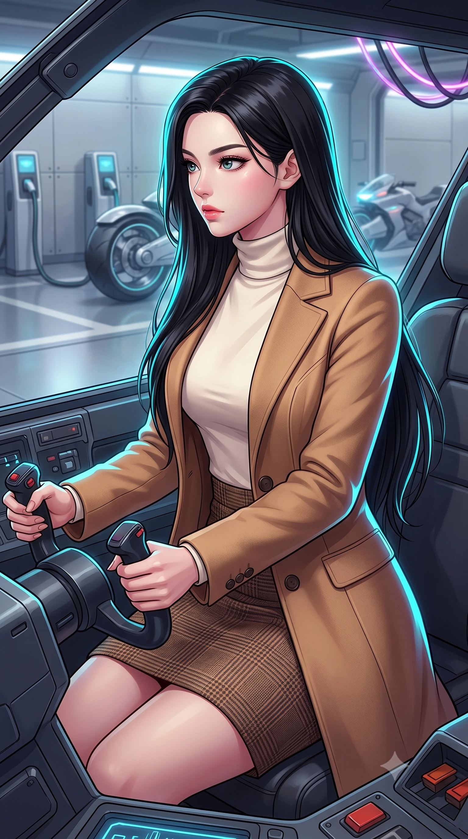 score_9, masterpiece, best quality, ultra-detailed, high-budget anime keyframe, editorial fashion photography, tasteful artistic composition, Korean woman. close-up cowboy shot from the waist and thighs up, the character dominates the composition, filling the frame with her large presence, background elements kept in soft focus. Piloting a starfighter through a tight asteroid gap, hands tight on the flight yoke, looking sharply left. set against a soft-focus background of a clean metallic garage with sleek hover-bikes plugged into charging terminals, plasma cords humming. She has an exceptionally elegant and slender, willowy female figure with an ultra-slim waist, a gracefully sculpted slender torso, and a refined slim physique. sharp v-shaped jawline, high-bridge nose, intricate jewel-like eyes with depth, thick eyelashes, glossy lips with a natural sheen. wearing tailored for maximum mobility, sleek form-contouring panels that allow fluid movement, a slim-fit camel hair overcoat over a soft ivory turtleneck and a brown plaid wool pencil skirt. highly saturated vibrant anime colors, intense vivid color palette, soft 3D volumetric shading, volumetric dynamic lighting, brilliant cinematic volumetric lighting with intense neon rim light outlining her form. 2k, ultra detail, master piece, 9:16 ratio