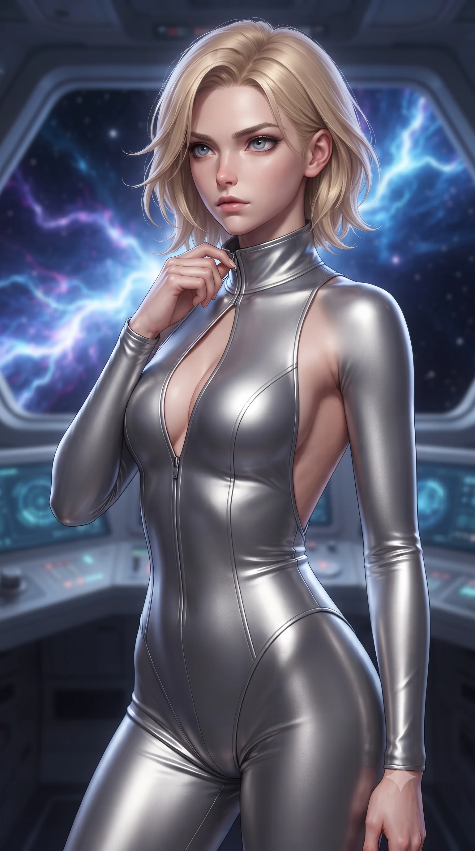 score_9, masterpiece, best quality, ultra-detailed, high-budget anime keyframe, editorial fashion photography, tasteful artistic composition, Caucasian woman. close-up cowboy shot from the waist and thighs up, the character dominates the composition, filling the frame with her large presence, background elements kept in soft focus. adjusting the high collar of her body-hugging suit, looking past the camera with quiet, sharp focus and a composed expression, the background shows a soft-focus a train cockpit view facing an electrical plasma storm in deep space. She has an exceptionally elegant, slender, and willowy female figure with an ultra-slim waist, a gracefully sculpted slender torso, and a refined silhouette. sharp v-shaped jawline, high-bridge nose, intricate jewel-like eyes with depth, thick eyelashes, glossy lips with a natural sheen. wearing a tailored backless combat bodysuit in metallic silver, featuring a plunging keyhole cutout and low-cut back. flashes of lightning casting momentary high-contrast chiaroscuro shadows. ultra-reflective glossy finish, specular highlights, metallic sheen, high-contrast stereoscopic depth, volumetric dynamic lighting, 2k, ultra detail, master piece, 9:16 ratio