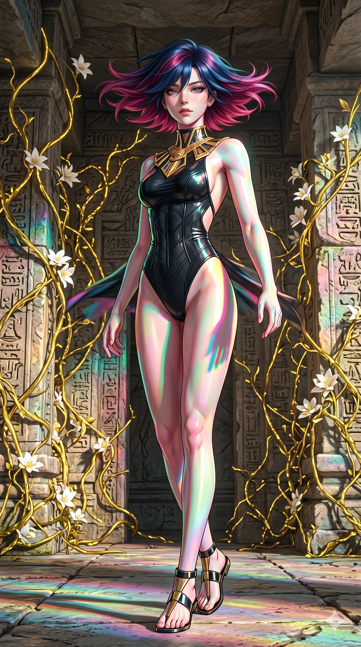 score_9, masterpiece, best quality, ultra-detailed, high-budget anime keyframe, editorial fashion photography, tasteful artistic composition, Korean woman. low angle full-body shot from head to toe showing her feet, filling the entire 9:16 vertical frame with her statuesque presence, stretching her vertical silhouette. Spinning in a rapid mid-turn, her garments and hair caught in a dramatic centrifugal swirl within an ancient stone temple wrapped in glowing golden vines and white flowers. She has an absolutely perfect 8-heads proportion, an exceptionally tall and slender female figure with impossibly long slender legs and an ultra-slim waist. V-shaped jawline, high-bridge nose, intricate jewel-like eyes with depth, thick eyelashes, glossy lips with a natural sheen. wearing an architectural black latex bodysuit with gold-plated collarbone accents and a backless design. lit by high-contrast holographic projection lighting with vivid colored shadows defining her form. 2k, ultra detail, master piece, 9:16 ratio