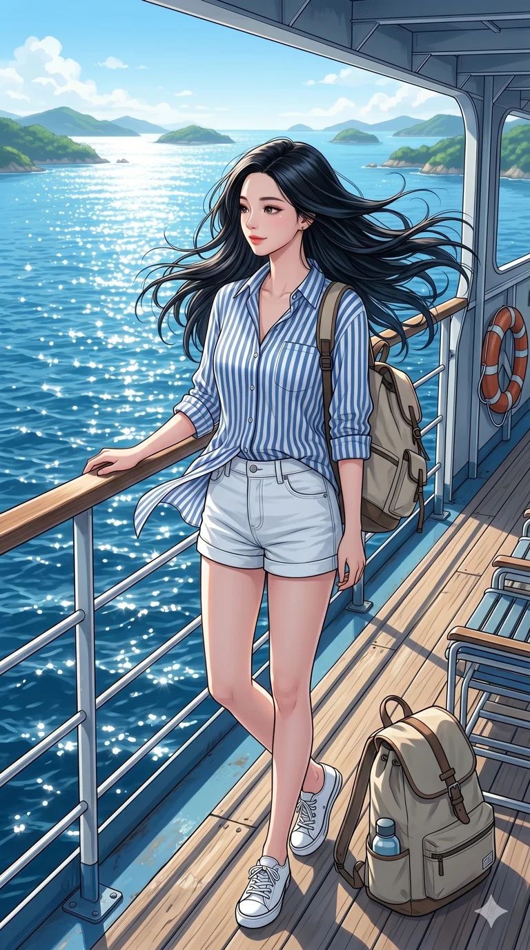 score_9, score_8_up, score_7_up, source_anime, masterpiece, best quality, ultra-detailed, same character with long flowing black hair, wearing a blue striped button-down shirt and white shorts, full body shot standing on the deck of a ferry, wind blowing through her hair, sparkling blue sea and islands in the background, travel vibe, 2k, 9:16 ratio