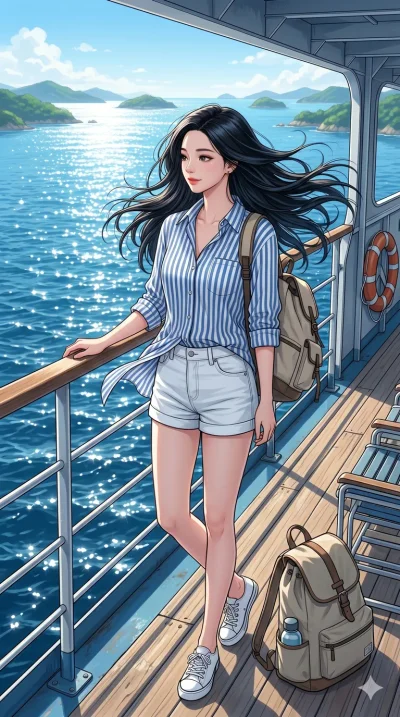 score_9, score_8_up, score_7_up, source_anime, masterpiece, best quality, ultra-detailed, same character with long flowing black hair, wearing a blue striped button-down shirt and white shorts, full body shot standing on the deck of a ferry, wind blo