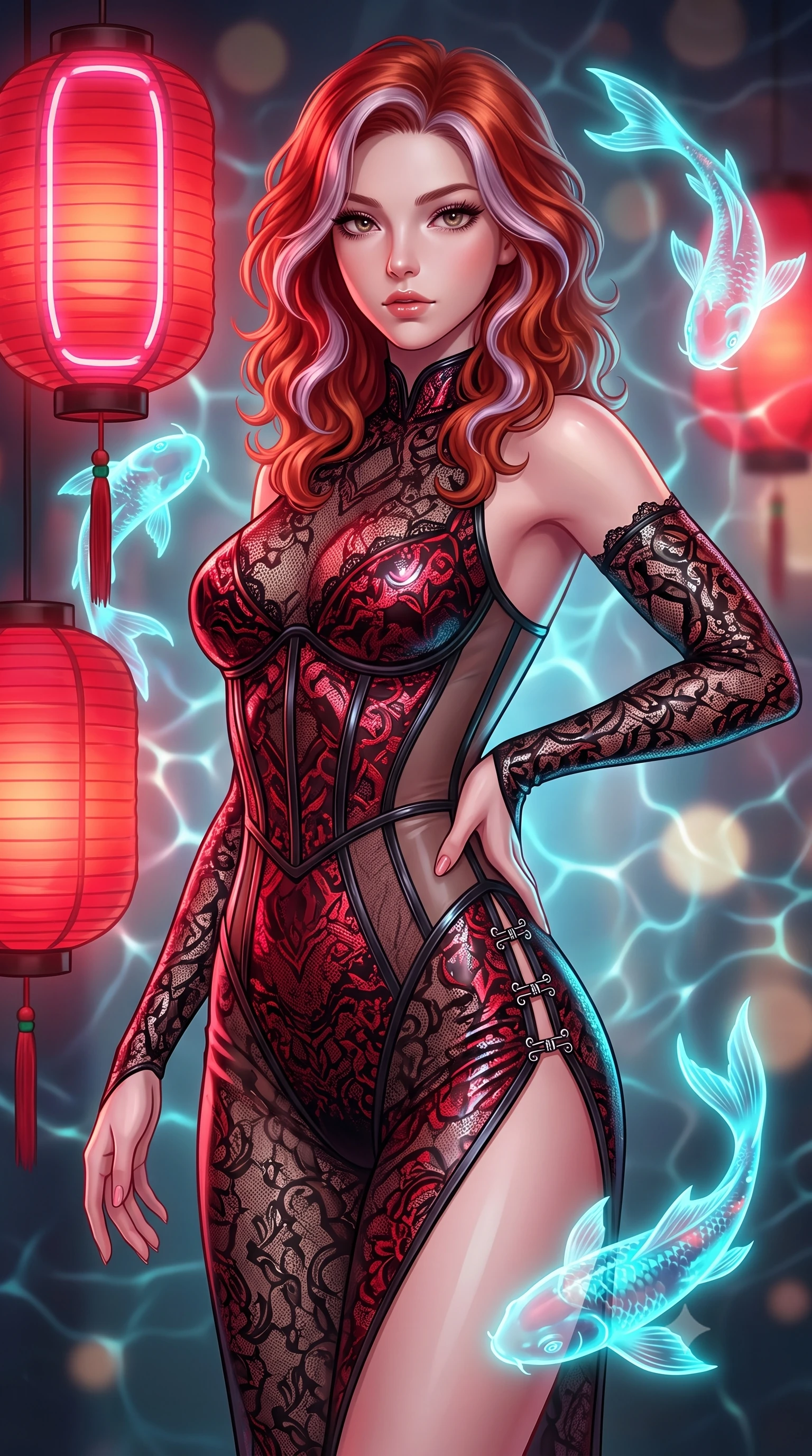 score_9, masterpiece, best quality, ultra-detailed, high-budget anime keyframe, semi-realistic 3D game render, editorial fashion photography, tasteful artistic composition, Caucasian woman. close-up cowboy shot from the waist and thighs up, the character dominates the composition, filling the frame with her large presence. twisting her upper body in a dynamic S-curve with an alluring smolder, one hand trailing along her slender waist while pivoting near traditional red paper lanterns that pulse with neon light as holographic koi swim by. The composition keeps background elements in soft focus with creamy bokeh. glowing water ripples creating soft, undulating light patterns across the backdrop. She has an exceptionally elegant, slender, and willowy female figure with an ultra-slim waist, a gracefully sculpted slender torso, and a refined silhouette. sharp v-shaped jawline, high-bridge nose, intricate jewel-like eyes with depth, thick eyelashes, glossy lips with a natural sheen, flawlessly proportioned anatomical accuracy, natural body alignment, perfectly sculpted elegant limbs, clean dynamic posture without body distortion. wearing a sheer dark lace pattern bodysuit with structured corsetry boning, sheer contouring side panels, and detached lace sleeves in glossy obsidian black and radiant crimson red, made of liquid metal jersey that clings flawlessly to every contour of her build, finished with an ultra-high side slit secured by miniature magnetic clasps, the sleek aerodynamic cut emphasizing her magnetic presence and alluring physical grace. bathed in warm crimson lantern glow and cool cyan holographic koi refractions. highly saturated vibrant anime colors, detailed shading with soft gradients, rich glossy textures, high-contrast stereoscopic depth, volumetric dynamic lighting, master piece, 9:16 ratio