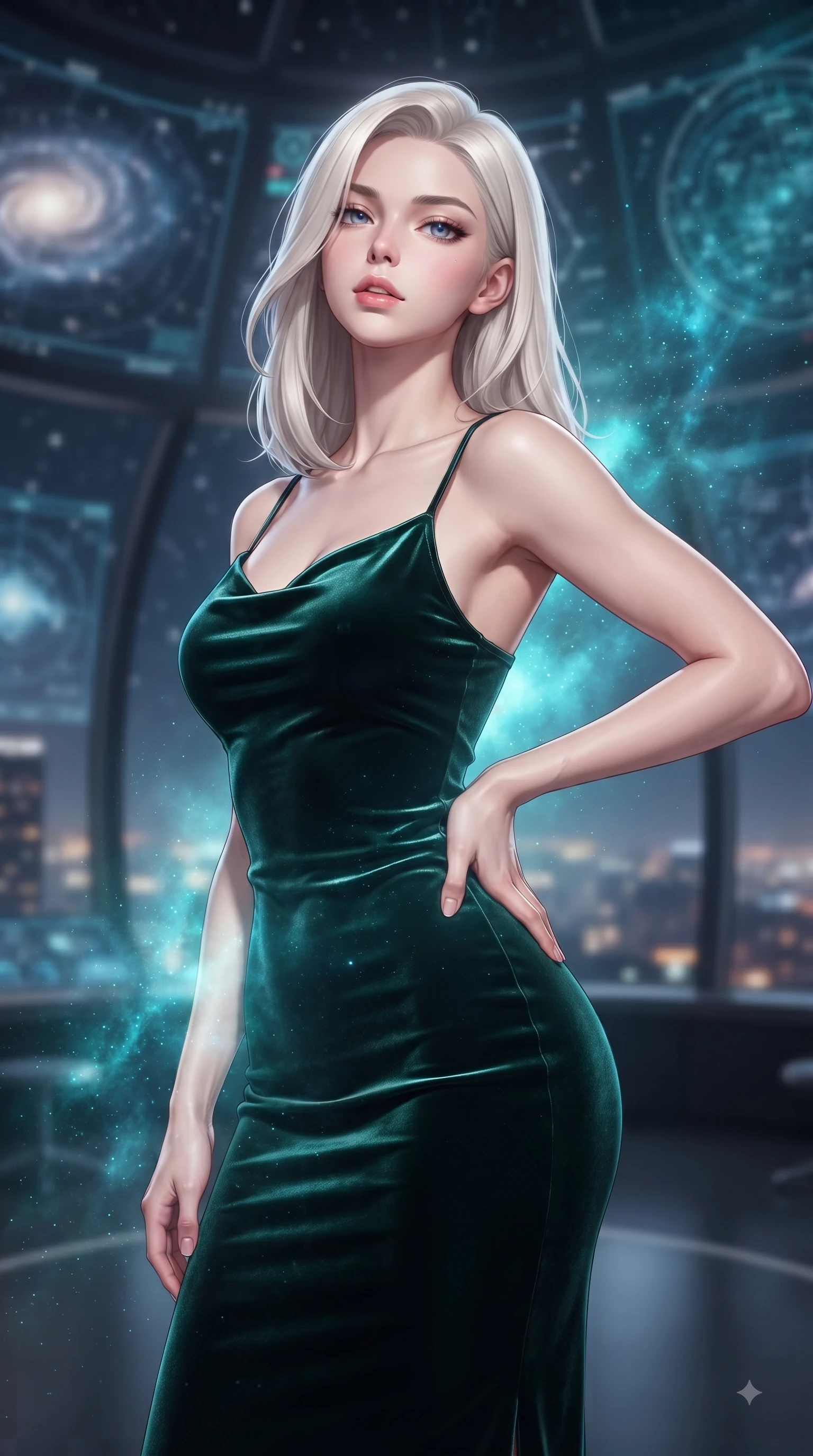 score_9, masterpiece, best quality, ultra-detailed, high-budget anime keyframe, editorial fashion photography, tasteful artistic composition, Caucasian woman woman. close-up cowboy shot from the waist and thighs up, the character dominates the composition, filling the frame with her large presence, background elements kept in soft focus. She has an exceptionally elegant, slender, and willowy female figure with an ultra-slim waist, a gracefully sculpted slender torso, and a refined silhouette. tilting her chin up slightly with lips parted in a composed and alluring expression, flawlessly proportioned anatomical accuracy, natural body alignment, perfectly sculpted elegant limbs, clean dynamic posture without body distortion. set against a soft-focus background of a panoramic star observatory deck with floating galaxy maps. wearing a fitted dark emerald velvet slip dress with a smooth liquid sheen and delicate straps. bathed in starlight and cosmic turquoise nebula glow wrapping her athletic build. ultra-reflective glossy finish, specular highlights, metallic sheen, high-contrast stereoscopic depth, volumetric dynamic lighting, 2k, ultra detail, master piece, 9:16 ratio