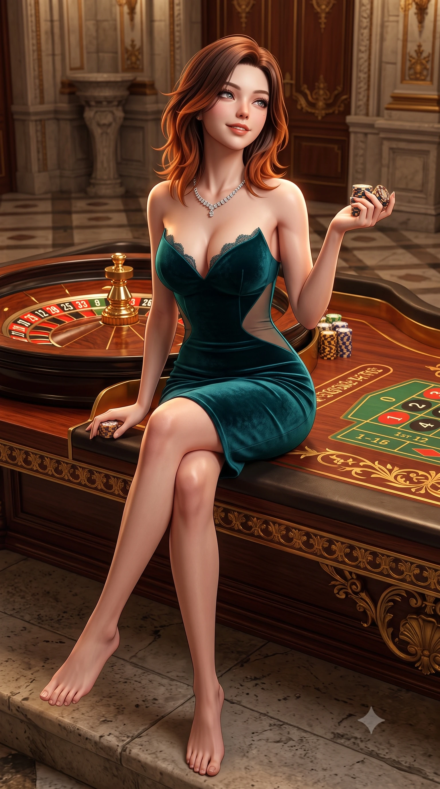 score_9, masterpiece, best quality, ultra-detailed, high-budget anime keyframe, semi-realistic 3D game render, editorial fashion photography, tasteful artistic composition, Korean woman. low angle full-body shot from head to toe showing her feet, filling the entire 9:16 vertical frame with her statuesque presence, stretching her vertical silhouette. sitting poised on the stone steps with one knee bent, arching her spine with supermodel elegance as she glances upward through thick eyelashes while standing poised beside the high-stakes roulette wheel with hips cocked back, holding casino chips while casting an intoxicating seductive smile. The surrounding environment is rendered in vivid detail and crisp panoramic clarity: detailed strapless boned corset gown weave, diamond riviere necklace sparkle, and Belle Époque palace interiors in razor-sharp precision. She has an absolutely perfect, statuesque 8.5-heads proportion, an exceptionally tall and slender model-like female figure with impossibly long slender legs, an ultra-slim waist, a flat toned midriff, narrow delicate ribcage, and beautifully sculpted feminine hips creating a graceful, slim hourglass silhouette without any bulky heaviness. sharp v-shaped jawline, high-bridge nose, sparkling eyes with hypnotic seductive depth, thick curled eyelashes, glossy parted lips with a natural dewy peach sheen, alluring bedroom-eyes with an enchanting coquettish smile, exuding magnetic siren charisma and sophisticated glamour, flawlessly proportioned anatomical accuracy, strict slender model proportions, natural body alignment, perfectly sculpted long slender limbs, ultra-slim waistline, clean dynamic posture without body distortion. wearing a deep sweetheart-neckline velvet bodycon dress with sheer side-torso cutouts accentuating her hourglass curves in Ubud rainforest teal and sunset copper, tailored from fine structural neoprene with crisp architectural edges and smooth contouring, finished with scalloped eyelash lace trim framing her sweetheart neckline with intimate elegance, the glove-like clinging cut tightly following the natural contour of her hips and long slender legs with youthful 8.5-heads elegance. illuminated by mahogany table surface bounce and sharp royal-gold rim lights defining her razor-sharp jawline, narrow waist, and curvy hips. highly saturated vibrant anime colors, detailed shading with soft gradients, rich glossy textures, high-contrast stereoscopic depth, volumetric dynamic lighting, master piece, 9:16 ratio