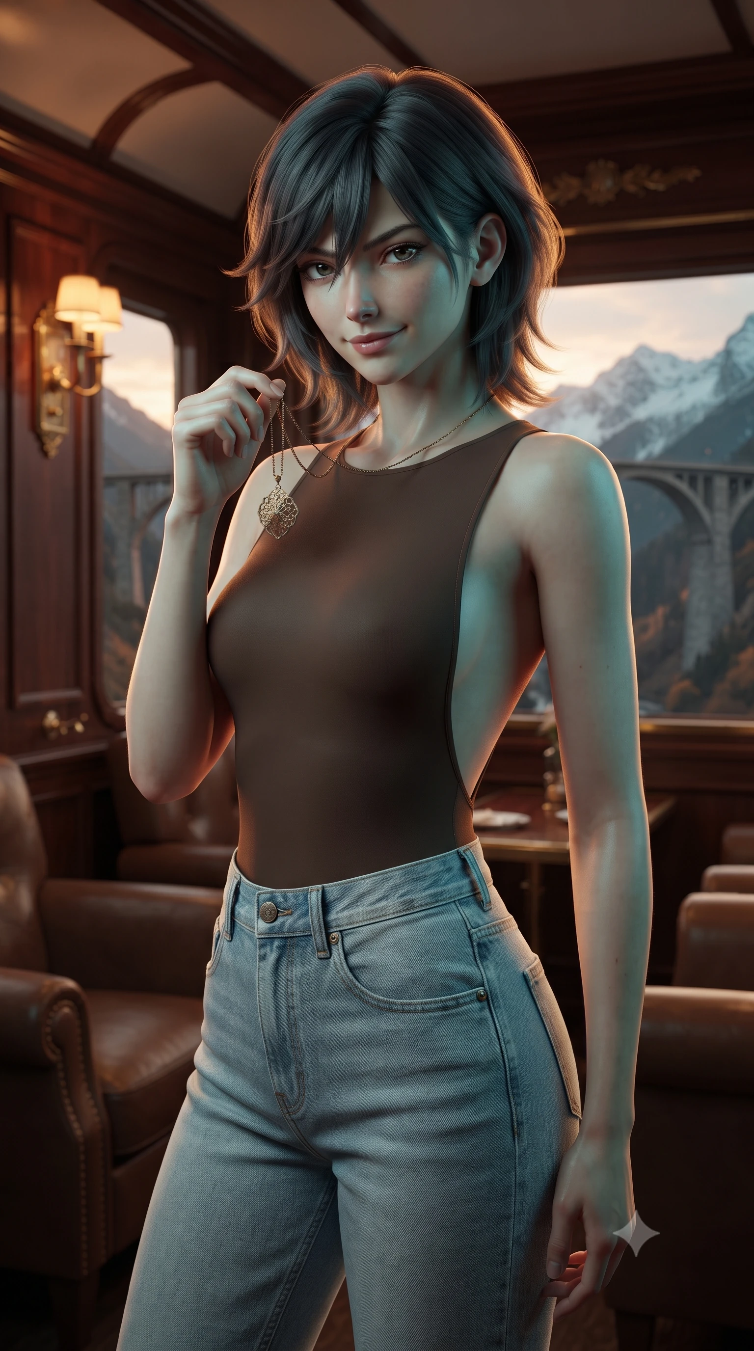 score_9, masterpiece, best quality, ultra-detailed, high-budget anime keyframe, editorial fashion photography, tasteful artistic composition, Caucasian woman, strictly human ears. close-up cowboy shot from the waist and thighs up, the character dominates the composition, filling the frame with her large presence, background elements kept in soft focus. Holding a delicate object up near her face while gazing at the viewer with a knowing smile. set against a soft-focus background of the observation car of a legendary luxury train crossing a spectacular mountain bridge at sunset with polished mahogany panels brass fittings leather armchairs and panoramic windows framing snow-capped peaks. She has an exceptionally elegant and slender, willowy female figure with an ultra-slim waist, a gracefully sculpted slender torso, and a refined slim physique. sharp v-shaped jawline, high-bridge nose, intricate jewel-like eyes with depth, thick eyelashes, glossy lips with a natural sheen. wearing a chocolate brown bodysuit with an open back, paired with high-waisted light-wash boyfriend jeans. warm amber rim lighting combined with cool teal fill light creating dramatic contrast. 2k, ultra detail, master piece, 9:16 ratio