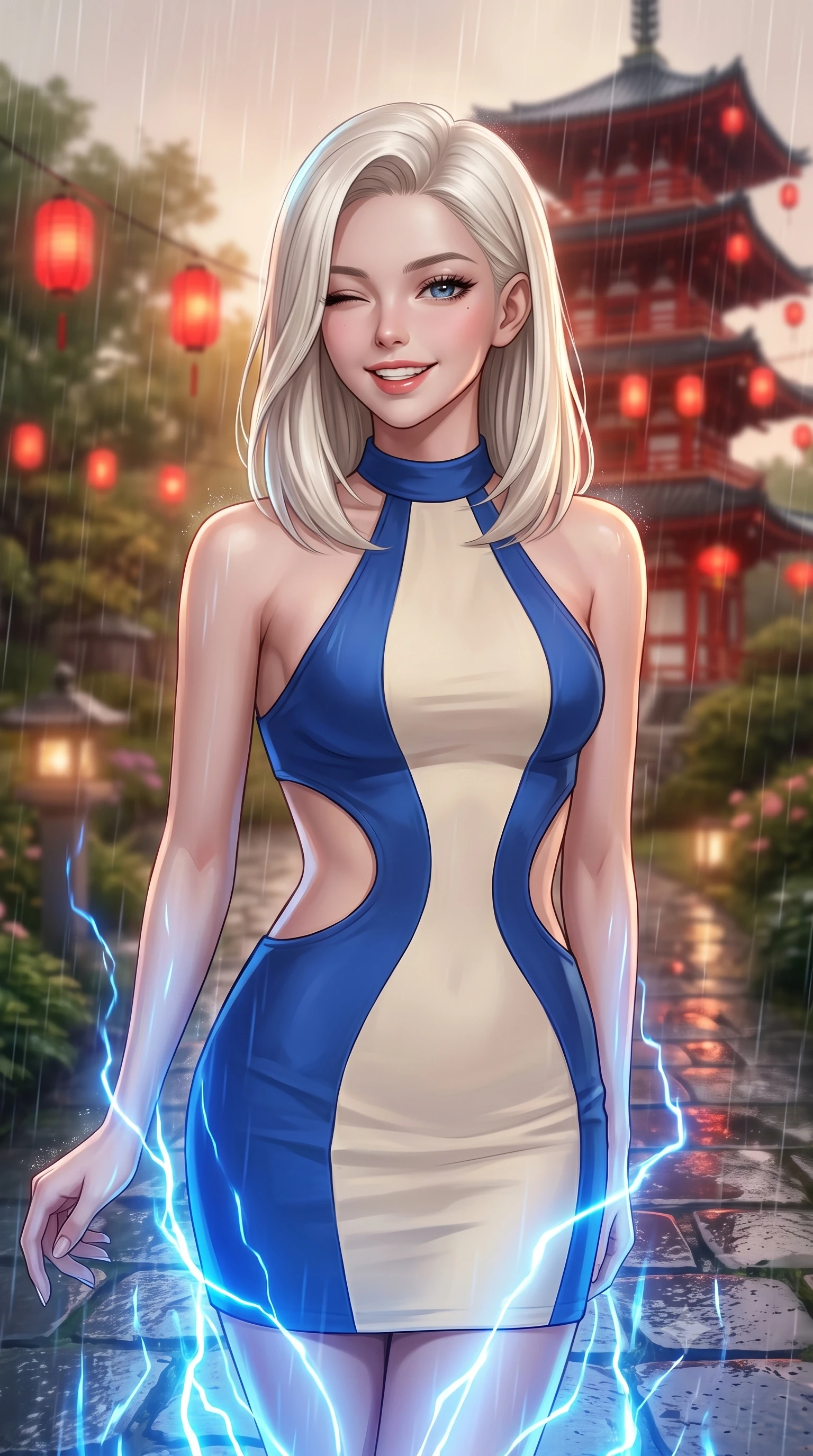 score_9, masterpiece, best quality, ultra-detailed, high-budget anime keyframe, editorial fashion photography, tasteful artistic composition, Caucasian woman, strictly human ears. close-up cowboy shot from the waist and thighs up, the character dominates the composition, filling the frame with her large presence, background elements kept in soft focus. Winking playfully with a cheerful grin and a lighthearted expression. set against a soft-focus background of on a stone path of a garden during a heavy warm summer rain shower, looking at a tall red wooden pagoda with floating red paper lanterns. She has an exceptionally elegant, slender, and willowy female figure with a highly-defined ultra-slim waist, a gracefully sculpted slender torso, and a refined slim-fit silhouette that contours her form. sharp v-shaped jawline, high-bridge nose, intricate jewel-like eyes with depth, thick eyelashes, glossy lips with a natural sheen. wearing a structured halter-neck bodycon dress in two-tone cobalt blue and cream, with curved waist cutouts. pulsing electric blue plasma arc lighting rising dramatically from below. 2k, ultra detail, master piece, 9:16 ratio