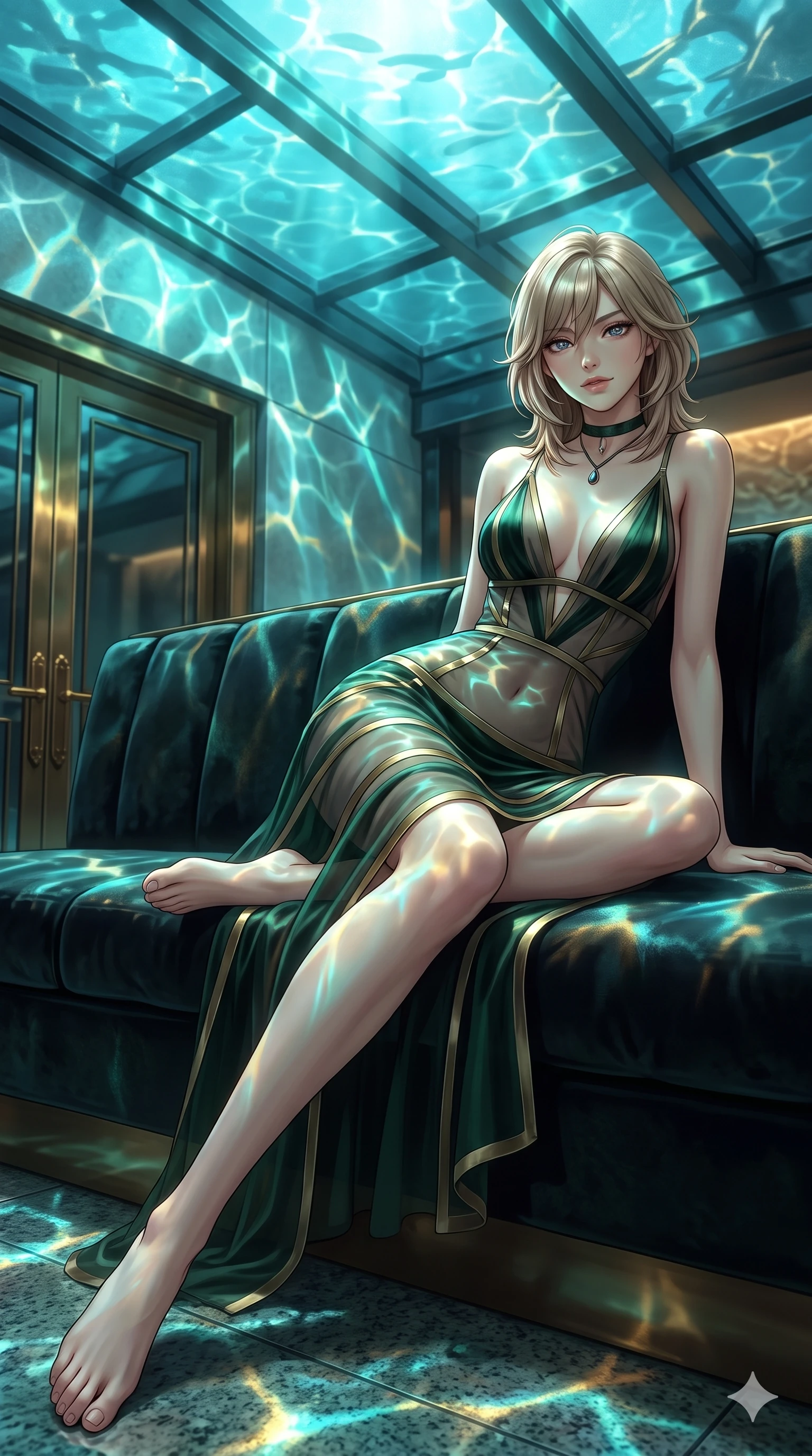 score_9, masterpiece, best quality, ultra-detailed, high-budget anime keyframe, semi-realistic 3D game render, editorial fashion photography, tasteful artistic composition, Japanese woman. low angle full-body shot from head to toe showing her feet, filling the entire 9:16 vertical frame with her statuesque presence, stretching her vertical silhouette. reclining languidly across the dark velvet banquette with one knee bent and hips angled toward the camera while twisting her slender torso in an alluring contrapposto stance, shimmering water refractions from the ceiling pool dancing across her flat midriff and hips. The surrounding environment is rendered in vivid detail and crisp panoramic clarity: sharp structural glass ceiling beams, water caustics patterns on polished granite, and bronze door fittings in deep focus. She has an absolutely perfect, statuesque 8.5-heads proportion, an exceptionally tall and slender model-like female figure with impossibly long slender legs, an ultra-slim waist, a flat toned midriff, narrow delicate ribcage, and beautifully sculpted feminine hips creating a graceful, slim hourglass silhouette without any bulky heaviness. sharp v-shaped jawline, high-bridge nose, intricate jewel-like dark sparkling eyes with hypnotic seductive depth, thick curled eyelashes, glossy parted lips with a natural wine sheen, alluring bedroom-eyes with an enigmatic smoldering smile, exuding magnetic sovereign charisma and dark avant-garde glamour, flawlessly proportioned anatomical accuracy, strict slender model proportions, natural body alignment, perfectly sculpted long slender limbs, ultra-slim waistline, clean dynamic posture without body distortion. wearing a plunge-front sheer illusion tulle slip dress with liquid platinum ribbon stripes hugging her curves in deep velvet forest green and antique brass, tailored from soft dark satin with subtle light-absorbing depth, finished with a minimalist dark choker and a single teardrop pendant, contouring every curve with an exceptionally elegant silhouette and captivating allure. bathed in mesmerizing aquatic turquoise and gold light caustics filtering down through the transparent ceiling pool. highly saturated vibrant anime colors, detailed shading with soft gradients, rich glossy textures, high-contrast stereoscopic depth, volumetric dynamic lighting, master piece, 9:16 ratio