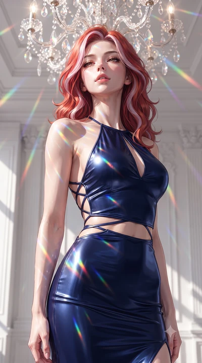 score_9, masterpiece, best quality, ultra-detailed, high-budget anime keyframe, editorial fashion photography, tasteful artistic composition, Caucasian woman. close-up cowboy shot from the waist and thighs up, the character dominates the composition,