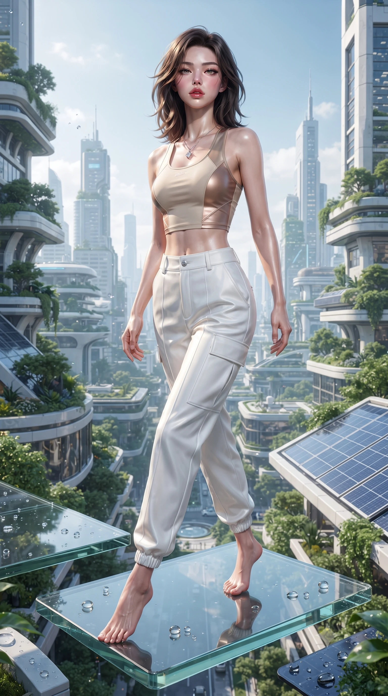 score_9, masterpiece, best quality, ultra-detailed, high-budget anime keyframe, editorial fashion photography, tasteful artistic composition, Korean woman. low angle full-body shot from head to toe showing her feet, filling the entire 9:16 vertical frame with her statuesque presence, stretching her vertical silhouette. pivoting dynamically with supreme athletic balance, her impossibly long slender legs and ultra-slim waist creating a mesmerizing vertical line while standing poised on a floating glass stepping stone above the emerald biosphere, displaying her flawless slender proportions. The surrounding environment is rendered in vivid detail and crisp panoramic clarity. detailed sky-high metropolis greenery, architectural solar panels, and water droplets in high clarity. She has an absolutely perfect, statuesque 8.5-heads proportion, an exceptionally tall and slender model-like female figure with impossibly long slender legs, a toned flat midriff, and an ultra-slim waist. sharp v-shaped jawline, high-bridge nose, intricate jewel-like eyes with depth, thick eyelashes, glossy parted lips with a natural sheen, intensely captivating and seductive expression, flawlessly proportioned anatomical accuracy, strict slender model proportions, natural body alignment, perfectly sculpted long slender limbs, ultra-slim waistline, clean dynamic posture without body distortion. wearing an aerodynamic eco-chic racerback crop tank with high-waisted white utility trousers in desert sand beige and pearlescent bronze, crafted from weightless prism organza that refracts light with every motion, complemented by a dainty solar crystal pendant resting near her collarbone, the relaxed yet flattering fit accentuating her naturally graceful and slender figure, highlighting her tall statuesque proportions. surrounded by a fresh, captivating, and delightfully invigorating summer muse aura. ultra-reflective glossy finish, specular highlights, rich textural contrasts, high-contrast stereoscopic depth, volumetric dynamic lighting, 2k, ultra detail, master piece, 9:16 ratio