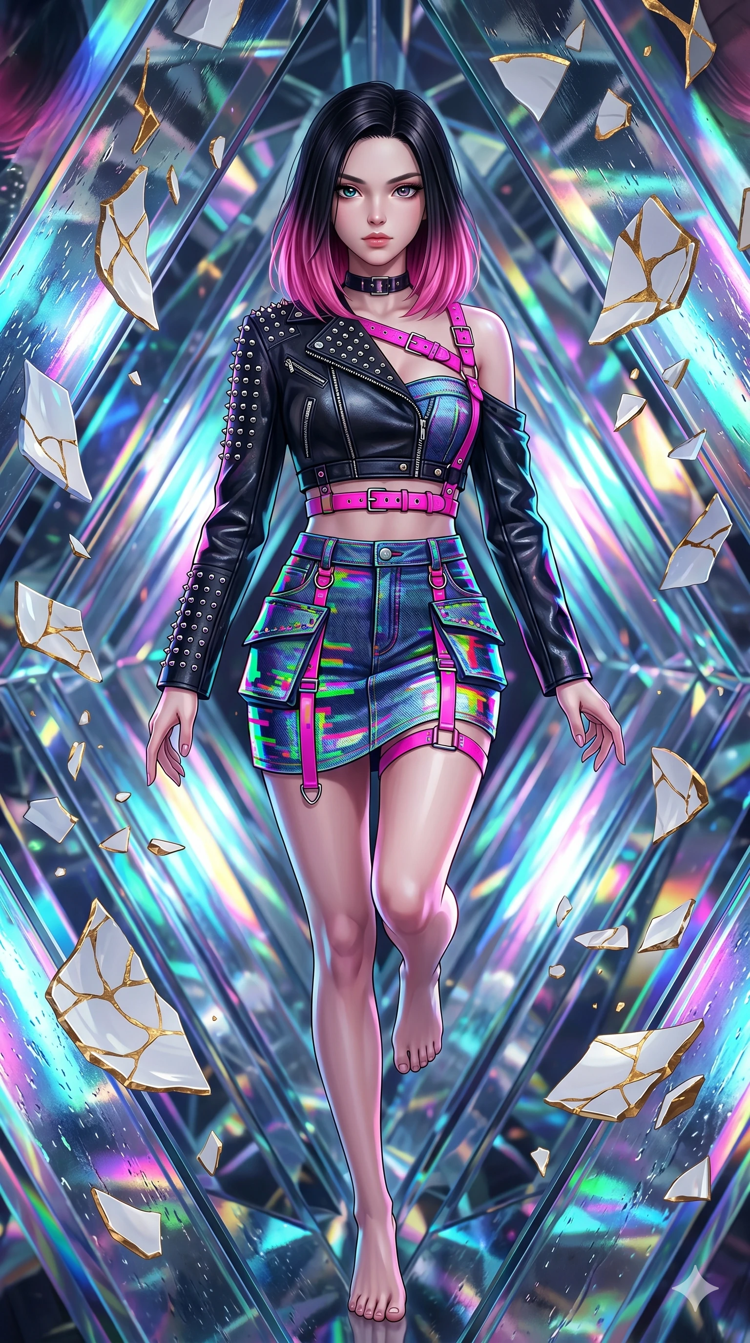 score_9, masterpiece, best quality, ultra-detailed, high-budget anime keyframe, editorial fashion photography, tasteful artistic composition, Korean woman. upper body close-up from the thighs up, character filling the screen for maximum presence. stepping gracefully onto through a kaleidoscope tunnel made of shifting diamond prisms as shards of porcelain and gold kintsugi float in suspension. She has an absolutely perfect 8-heads proportion, an exceptionally tall and slender female figure with impossibly long slender legs and an ultra-slim waist. V-shaped jawline, high-bridge nose, intricate jewel-like eyes with depth, thick eyelashes, glossy lips with a natural sheen.. wearing a glitch denim and studded leather outfit, featuring an RGB glitch pattern denim structured mini-skirt, a single-sleeve cropped leather jacket, and neon pink harness straps. illuminated by the brilliant neon reflections bouncing off wet surfaces, emphasizing her skin tone. 2k, ultra detail, master piece, 9:16 ratio