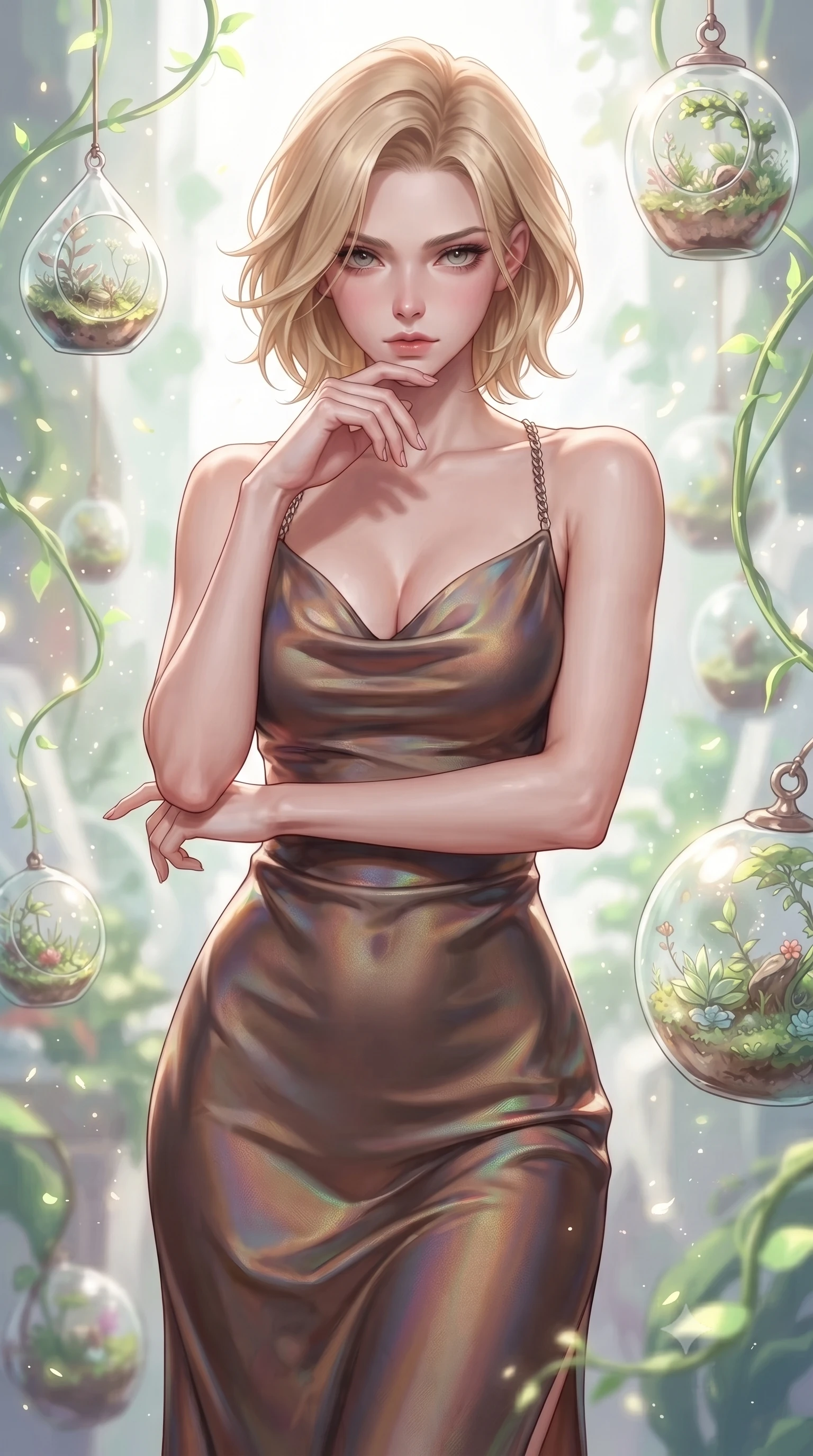 score_9, masterpiece, best quality, ultra-detailed, high-budget anime keyframe, editorial fashion photography, tasteful artistic composition, Caucasian woman. close-up cowboy shot from the waist and thighs up, the character dominates the composition, filling the frame with her large presence, background elements kept in soft focus. Resting her chin on the backs of her fingers, casting a sharp, mysterious gaze surrounded by floating glass terrariums and radiant biomorphic vines, glowing pollen particles drifting gracefully around her form. She has an exceptionally elegant, slender, and willowy female figure with an ultra-slim waist, a gracefully sculpted slender torso, and a refined silhouette. sharp v-shaped jawline, high-bridge nose, intricate jewel-like eyes with depth, thick eyelashes, glossy lips with a natural sheen. wearing an elegant cowl-neck satin midi dress with a draped neckline in espresso brown and warm cream, crafted from iridescent chiffon that shifts colors in the light, adorned with delicate metallic chain straps along the neckline, the form-contouring material highlighting her ultra-slim waist and long lines. surrounded by a bright, airy ambiance with radiant white and green highlights. highly saturated vibrant anime colors, detailed shading with soft gradients, rich glossy textures, high-contrast stereoscopic depth, volumetric dynamic lighting, master piece, 9:16 ratio