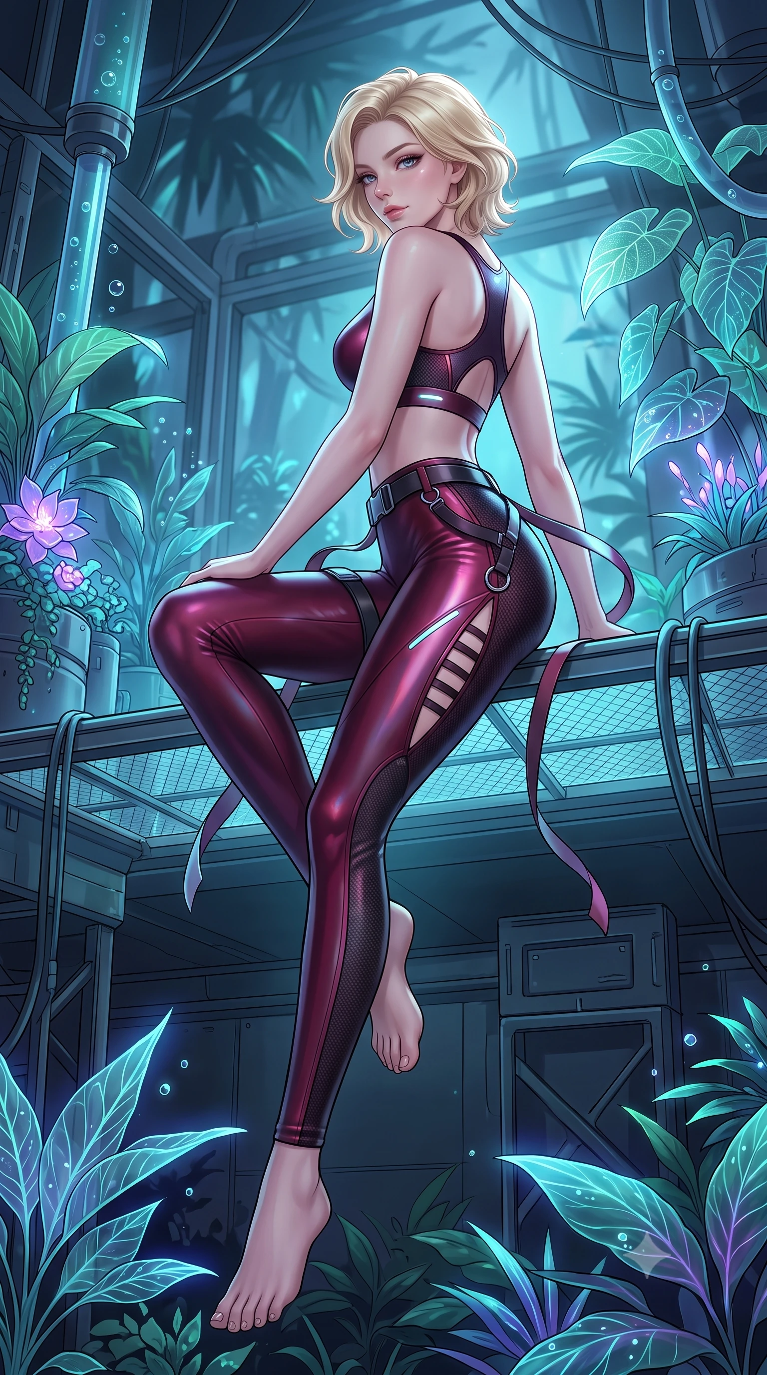 score_9, masterpiece, best quality, ultra-detailed, high-budget anime keyframe, semi-realistic 3D game render, editorial fashion photography, tasteful artistic composition, Caucasian woman. low angle full-body shot from head to toe showing her feet, filling the entire 9:16 vertical frame with her statuesque presence, stretching her vertical silhouette. executing a cheerful mid-motion pivot turn as her tactical belt and ribbons flutter around her slender legs, glancing over her shoulder with an intoxicating, teasing bedroom-gaze while sitting gracefully on the edge of an elevated botanical gantry with legs crossed, her futuristic suit glowing softly in the dark jungle. The surrounding environment is rendered in vivid detail and crisp panoramic clarity: sharp translucent plant leaf venation, nutrient pipe bubbles, and glass catwalk grating texture in deep focus. She has an absolutely perfect, statuesque 8.5-heads proportion, an exceptionally tall and slender model-like female figure with impossibly long slender legs, an ultra-slim waist, a flat toned midriff, narrow delicate ribcage, and beautifully sculpted feminine hips creating a graceful, slim hourglass silhouette without any bulky heaviness. sharp v-shaped jawline, high-bridge nose, intricate jewel-like sparkling eyes with depth, thick eyelashes, glossy parted lips with a natural sheen, bright confident smile with an enchanting and coquettish sensual glint, exuding both youthful magnetic charm and sovereign high-tech allure, flawlessly proportioned anatomical accuracy, strict slender model proportions, natural body alignment, perfectly sculpted long slender limbs, ultra-slim waistline, clean dynamic posture without body distortion. wearing a tactical racerback athletic crop top paired with skin-tight high-waisted holographic combat leggings in deep wine crimson and dark carbon weave, made of supple second-skin compression stretch jersey clinging flawlessly to her form, finished with sharp laser-cut side ventilation slits framed by silver hardware rings, the high-waisted tailoring accentuating her ultra-slim waistline and the enchanting curve of her feminine hips with alluring dark charm. bathed in cool ethereal aqua and ultraviolet bioluminescent light radiating from living plants. highly saturated vibrant anime colors, detailed shading with soft gradients, rich glossy textures, high-contrast stereoscopic depth, volumetric dynamic lighting, master piece, 9:16 ratio