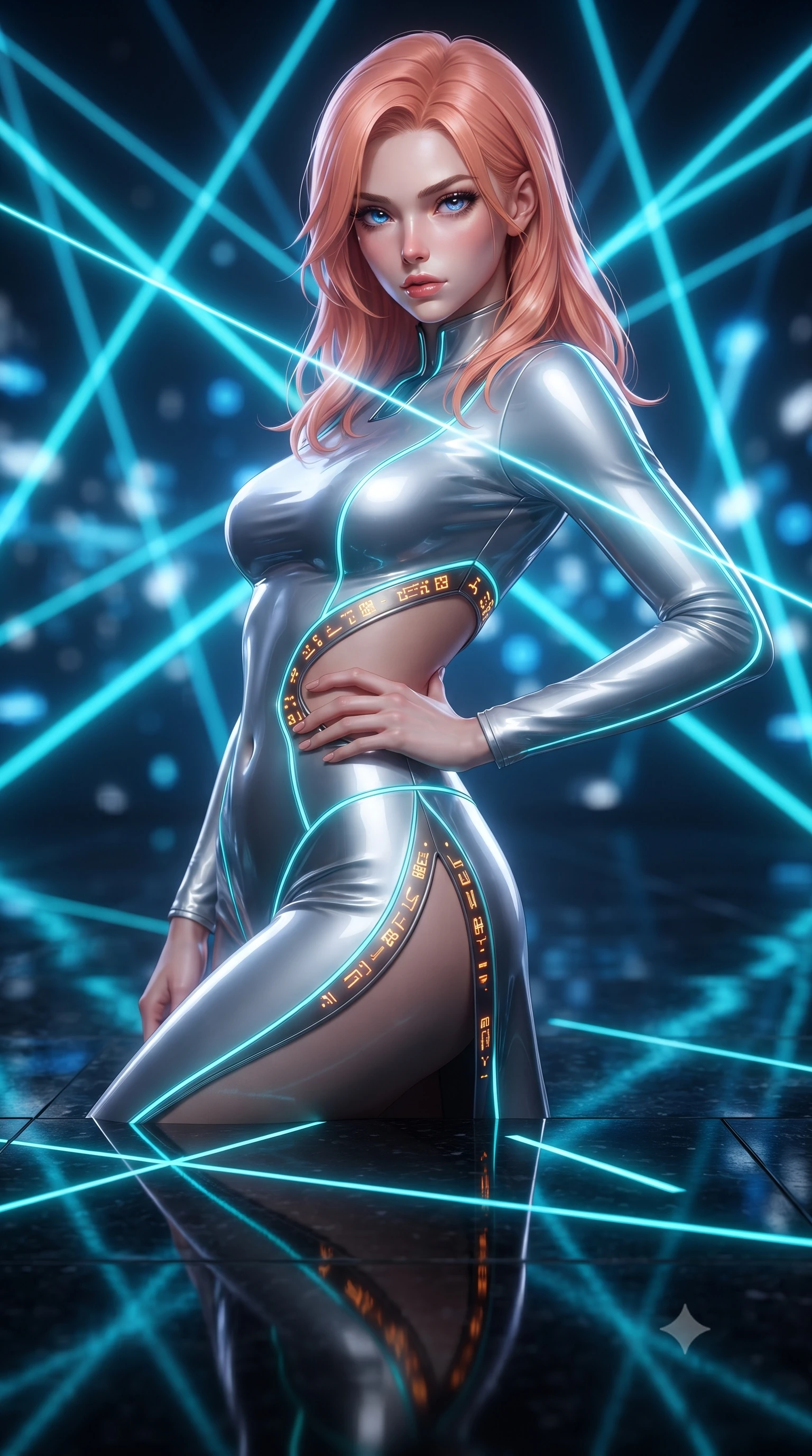 score_9, masterpiece, best quality, ultra-detailed, high-budget anime keyframe, editorial fashion photography, tasteful artistic composition, Japanese woman. close-up cowboy shot from the waist and thighs up, the character dominates the composition, filling the frame with her large presence. twisting her upper body in a dynamic S-curve with commanding allure, one hand resting on her slender waist with haughty grace while pivoting dynamically on a reflective black granite floor as criss-crossing neon laser lines trace her statuesque contour. The composition keeps background elements in soft focus with creamy bokeh. criss-crossing cyan laser beams and glowing glyph matrices blurred into dazzling electric blue and charcoal bokeh. She has an exceptionally elegant, slender, and willowy female figure with an ultra-slim waist, a gracefully sculpted slender torso, toned flat midriff, and a refined slim silhouette. sharp v-shaped jawline, high-bridge nose, intricate jewel-like eyes with depth, thick eyelashes, glossy lips with a natural sheen, flawlessly proportioned anatomical accuracy, strict slender model proportions, natural body alignment, perfectly sculpted long slender limbs, ultra-slim waistline, clean dynamic posture without body distortion. wearing a second-skin white-and-gold high-fashion tech-bodysuit with diagonal midriff cutouts and glowing cyan fiber seams in high-contrast monochrome white enamel and glowing amber lines, formed from high-gloss patent material with specular chiaroscuro reflections, finished with an ultra-high side slit secured by miniature magnetic clasps, the precision-cut daring openings accentuating her delicate midriff, graceful bare collarbones, and ultra-slim feminine waistline. bathed in intense high-contrast cyan laser rim lighting and deep obsidian shadow fill. ultra-reflective glossy finish, specular highlights, dark metallic sheen, high-contrast stereoscopic depth, volumetric dynamic lighting, 2k, ultra detail, master piece, 9:16 ratio