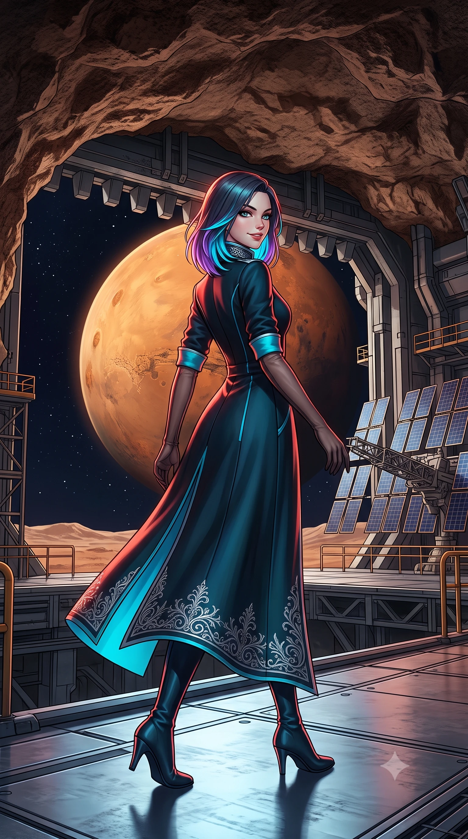 score_9, masterpiece, best quality, ultra-detailed, high-budget anime keyframe, semi-realistic 3D game render, editorial fashion photography, tasteful artistic composition, Caucasian woman. low angle full-body shot from head to toe showing her feet, filling the entire 9:16 vertical frame with her statuesque presence, stretching her vertical silhouette. walking along the terrace with poise, looking back over her bare shoulder with an irresistible smoldering bedroom-gaze while standing poised inside the cavernous crater hangar opening directly onto the airless void, arching her lower back with commanding presence as the gigantic ochre disk of Mars looms above. The surrounding environment is rendered in vivid detail and crisp panoramic clarity: sharp crater rock ceiling textures, heavy hydraulic hangar door teeth, and crisp solar array shadows in deep focus. She has an exceptionally tall and slender model-like 8.5-heads proportion, an ultra-slim waist, a flat toned midriff, narrow delicate ribcage, and beautifully sculpted feminine hips creating a graceful, slim hourglass silhouette without any bulky heaviness, with impossibly long slender legs. sharp v-shaped jawline, high-bridge nose, intricate jewel-like sparkling eyes with depth, thick eyelashes, glossy parted lips with a natural peach sheen, bright cheerful beaming smile with an enchanting and coquettish sensual glint, exuding both youthful cute charm and seductive allure, flawlessly proportioned anatomical accuracy, strict slender model proportions, natural body alignment, perfectly sculpted long slender limbs, ultra-slim waistline, clean dynamic posture without body distortion. wearing an aristocratic deep-space admiral longcoat with silver filigree embroidery along the hem and high structured collar in tactical obsidian black and high-voltage cyan, crafted from bespoke double-faced cashmere with an exceptionally soft tactile finish, complemented by sheer opera-length evening gloves tracing her slender arms, the impeccably tailored cut draping gracefully along her slender figure with aristocratic poise. illuminated by titanium floor reflection bounce and sharp Mars-red rim lights defining her jawline, narrow waist, and curvy hips. highly saturated vibrant anime colors, detailed shading with soft gradients, rich glossy textures, high-contrast stereoscopic depth, volumetric dynamic lighting, master piece, 9:16 ratio