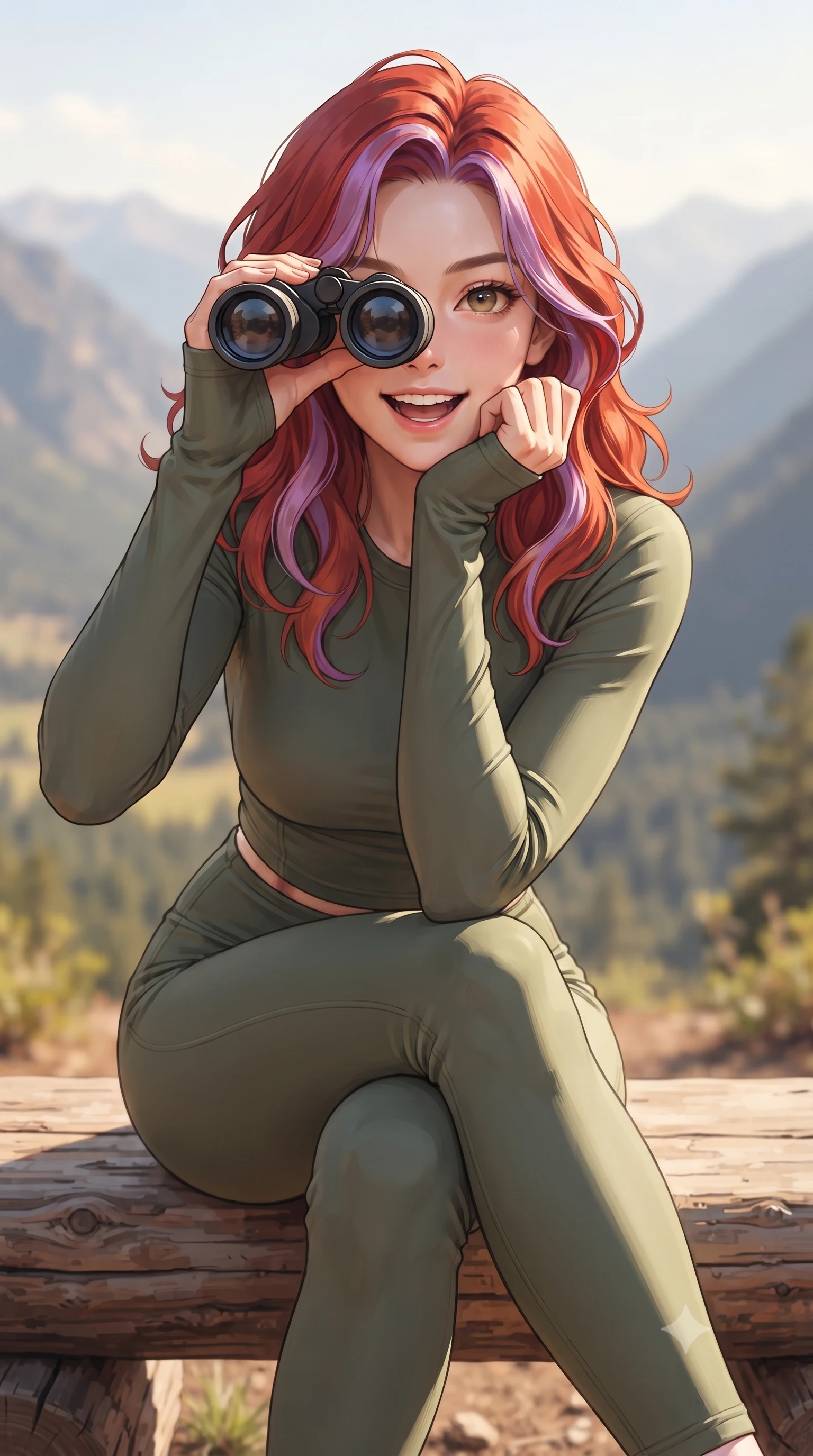 score_9, masterpiece, best quality, ultra-detailed, high-budget anime keyframe, editorial fashion photography, tasteful artistic composition, Caucasian woman. close-up cowboy shot from the waist and thighs up, the character dominates the composition, filling the frame with her large presence, background elements kept in soft focus. smiling cutely while resting her chin on her hand, looking directly into the lens set against a soft-focus background of sitting on a rustic log bench overlooking a panoramic mountain valley looking through a pair of binoculars with a happy, excited expression. She has an exceptionally elegant, slender, and willowy female figure with an ultra-slim waist, a gracefully sculpted slender torso, and a refined silhouette. sharp v-shaped jawline, high-bridge nose, intricate jewel-like eyes with depth, thick eyelashes, glossy lips with a natural sheen. wearing form-contouring tight-fitting athletic long-sleeve top in olive green, paired with form-contouring leggings. crisp midday sunlight creating clean, sharp contours on her active outfit. ultra-reflective glossy finish, specular highlights, metallic sheen, high-contrast stereoscopic depth, volumetric dynamic lighting, 2k, ultra detail, master piece, 9:16 ratio