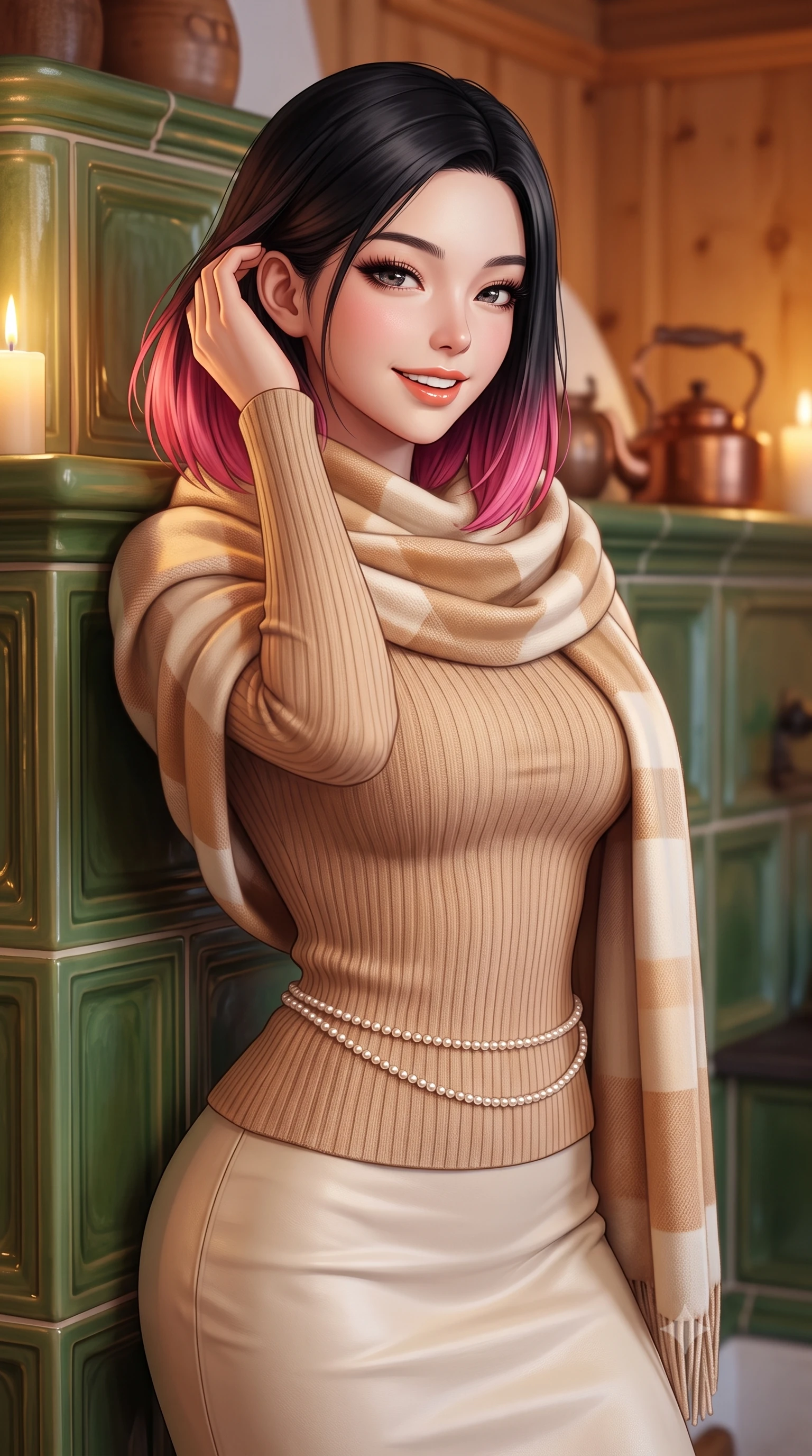 score_9, masterpiece, best quality, ultra-detailed, high-budget anime keyframe, semi-realistic 3D game render, editorial fashion photography, tasteful artistic composition, Korean woman. close-up cowboy shot from the waist and thighs up, the character dominates the composition, filling the frame with her large presence. gently brushing a lock of hair behind her ear while casting a playful, flirtatious side-gaze with long eyelashes while leaning against the warm ceramic tiles of the traditional Kachelofen stove, wrapped in a luxurious blanket scarf with cozy contented grace. The background shows a soft-focus hand-carved Swiss stone pine wood walls, painted green ceramic stove tiles, and copper kettles blurred into warm honey, forest green, and amber bokeh. She has an exceptionally elegant, slender, and willowy female figure with an ultra-slim waist, flat toned midriff, narrow ribcage, and sculpted feminine hips creating an alluring, slim hourglass silhouette without bulk. sharp v-shaped jawline, high-bridge nose, intricate jewel-like sparkling eyes with depth, thick eyelashes, glossy parted lips with a natural peach sheen, bright cheerful beaming smile with an enchanting and coquettish sensual glint, exuding both youthful cute charm and seductive allure, flawlessly proportioned anatomical accuracy, strict slender model proportions, natural body alignment, perfectly sculpted long slender limbs, ultra-slim waistline, clean dynamic posture without body distortion. wearing a body-hugging French chic knit top paired with a form-contouring leather pencil midi skirt with a subtle walking vent in soft champagne ivory and warm biscuit beige, tailored from form-contouring ribbed merino wool hugging her torso like a second skin, accented with a dainty pearl waist chain catching the ambient sunlight across her sculpted waistline, the second-skin tailored fabric adhering flawlessly to her sculpted flat midriff and slender torso, emphasizing her long leg lines and perfectly proportioned willowy build. bathed in cozy 2700K warm ambient candlelight and soft porcelain stove radiance combined with cool winter window light. highly saturated vibrant anime colors, detailed shading with soft gradients, rich glossy textures, high-contrast stereoscopic depth, volumetric dynamic lighting, master piece, 9:16 ratio