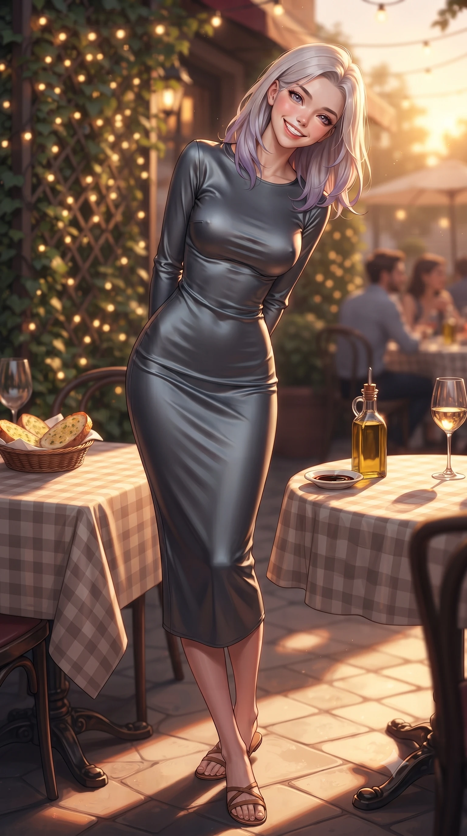 score_9, masterpiece, best quality, ultra-detailed, high-budget anime keyframe, editorial fashion photography, tasteful artistic composition, Caucasian woman. low angle full-body shot from head to toe showing her feet, filling the entire 9:16 vertical frame with her statuesque presence, stretching her vertical silhouette. standing with a cute, bright pose, tilting her head with a beaming smile set against a soft-focus background of at an outdoor garden table of a cozy Italian bistro decorated with fairy lights with a basket of warm garlic bread and olive oil on the checkered tablecloth. She has an absolutely perfect, statuesque 8.5-heads proportion, an exceptionally tall and slender model-like female figure with impossibly long slender legs and an ultra-slim waist. sharp v-shaped jawline, high-bridge nose, intricate jewel-like eyes with depth, thick eyelashes, glossy lips with a natural sheen. wearing body-hugging body-hugging long-sleeve silk dress in slate grey, following her form elegantly. golden hour sunset light casting long warm shadows on the restaurant table. ultra-reflective glossy finish, specular highlights, metallic sheen, high-contrast stereoscopic depth, volumetric dynamic lighting, 2k, ultra detail, master piece, 9:16 ratio