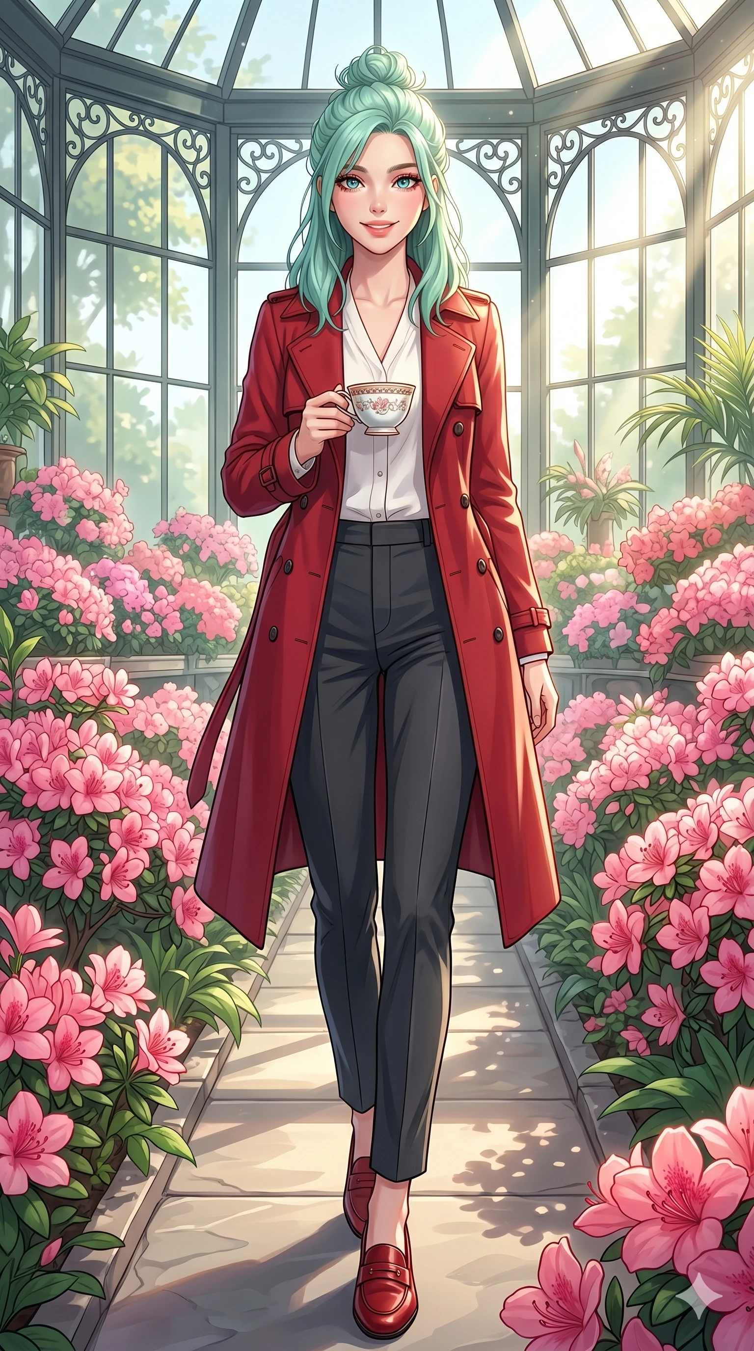 score_9, masterpiece, best quality, ultra-detailed, high-budget anime keyframe, vibrant anime aesthetic, Japanese woman. low angle full-body shot from head to toe showing her feet, filling the entire 9:16 vertical frame with her statuesque presence, stretching her vertical silhouette. She is holding a cup of tea, smiling warmly with a gentle and cheerful gaze inside a bright conservatory room with rows of blooming pink azaleas (Code-P20-031). She has an absolutely perfect 8-heads proportion, an exceptionally tall and slender female figure with impossibly long slender legs and an ultra-slim waist. V-shaped jawline, high-bridge nose, intricate jewel-like eyes with depth, thick eyelashes, glossy lips with a natural sheen. wearing a red trench coat over a white blouse and dark trousers. She is lit from the side by bright sun rays, tracing the contours of her body in the morning. 2k, ultra detail, master piece, 9:16 ratio