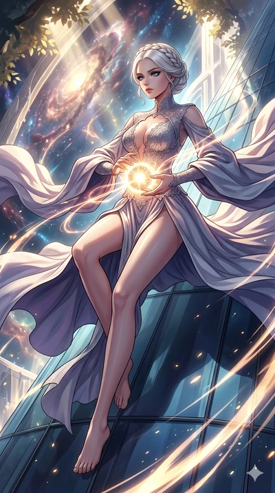 score_9, masterpiece, best quality, ultra-detailed, Set A: High-budget Anime Keyframe, Korean woman. Low angle cowboy shot filling the entire 9:16 frame with her statuesque presence. Theme: Abstract Cosmic. sliding down a glass skyscraper in a temple