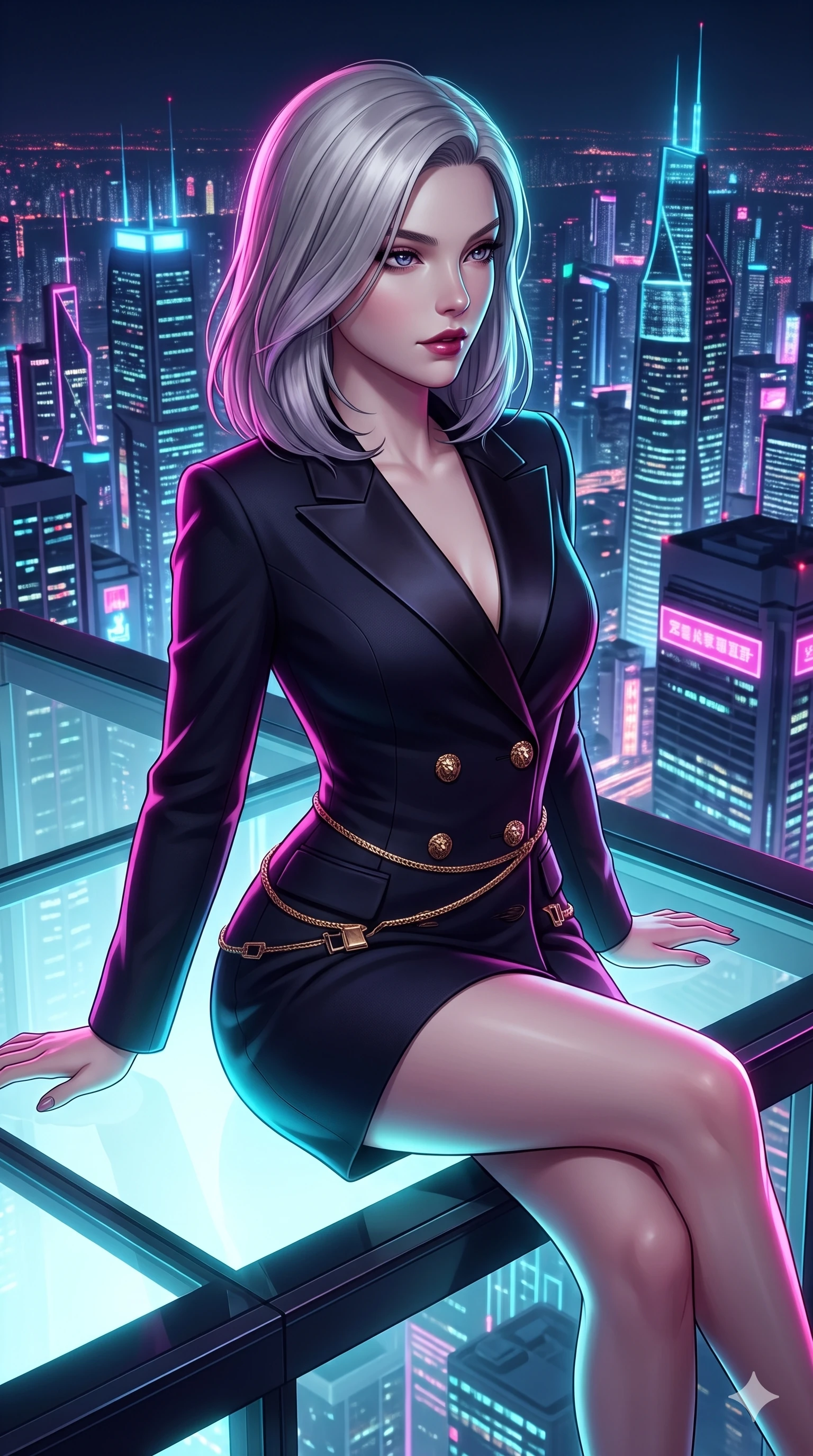 score_9, masterpiece, best quality, ultra-detailed, high-budget anime keyframe, semi-realistic 3D game render, editorial fashion photography, tasteful artistic composition, Caucasian woman. close-up cowboy shot from the waist and thighs up, the character dominates the composition, filling the frame with her large presence. twisting her slender torso in a deep contrapposto stance, hips dramatically shifted to accentuate her feminine curves while looking past her shoulder with smoldering bedroom-eyes while sitting gracefully on the glass edge platform with one knee bent, arching her spine with supermodel elegance against the endless neon expanse. The surrounding environment is rendered in vivid detail and crisp panoramic clarity: detailed form-fitting liquid mercury dress tailoring, metallic clasp accents, and modern high-altitude architecture in razor-sharp precision. She has an exceptionally elegant, slender, and willowy female figure with an ultra-slim waist, flat toned midriff, narrow ribcage, and sculpted feminine hips creating an alluring, slim hourglass silhouette without bulk. sharp v-shaped jawline, high-bridge nose, intricate jewel-like dark sparkling eyes with dangerous depth, thick curled eyelashes, glossy parted lips with a rich wine sheen, smoldering seductive half-smile with bedroom-eyes, exuding effortless superiority and intoxicating dark allure, flawlessly proportioned anatomical accuracy, strict slender model proportions, natural body alignment, perfectly sculpted long slender limbs, ultra-slim waistline, clean dynamic posture without body distortion. wearing a tailored double-breasted midnight tuxedo jacket dress with satin peak lapels and golden lion-head buttons in dark mulberry wine and antique champagne, woven from bespoke high-density barathea wool with refined ceremonial hold, finished with a delicate gold snake chain belt resting loosely across her curvy hips, the impeccably tailored cut draping gracefully along her slender figure with aristocratic noir poise. illuminated by glass floor upward bounce and sharp magenta-cyan rim lights sculpting her razor-sharp jawline, narrow waist, and curvy hips. highly saturated vibrant anime colors, detailed shading with soft gradients, rich glossy textures, high-contrast stereoscopic depth, volumetric dynamic lighting, master piece, 9:16 ratio