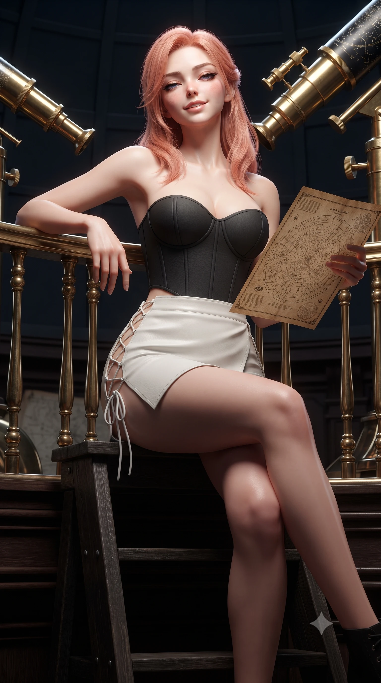 score_9, masterpiece, best quality, ultra-detailed, high-budget anime keyframe, editorial fashion photography, tasteful artistic composition, Japanese woman. close-up cowboy shot from the waist and thighs up, the character dominates the composition, filling the frame with her large presence. leaning back against the balustrade with relaxed seductive grace, head tilted back slightly while casting a hypnotic, heavy-lidded gaze while sitting perched on the observatory wooden ladder with legs crossed, holding an antique star chart with effortless sovereign charm. The surrounding environment is rendered in vivid detail and crisp panoramic clarity: sharp polished brass telescope tube reflections, knurled adjustment knobs, and constellation chart engravings in deep focus. She has an exceptionally elegant, slender, and willowy female figure with an ultra-slim waist, flat toned midriff, narrow ribcage, and sculpted feminine hips creating an alluring, slim hourglass silhouette without bulk. sharp v-shaped jawline, high-bridge nose, sparkling eyes with hypnotic seductive depth, thick curled eyelashes, glossy parted lips with a natural dewy peach sheen, alluring bedroom-eyes with an enchanting coquettish smile, exuding magnetic siren charisma and sophisticated glamour, flawlessly proportioned anatomical accuracy, strict slender model proportions, natural body alignment, perfectly sculpted long slender limbs, ultra-slim waistline, clean dynamic posture without body distortion. wearing a structured strapless boned neoprene bustier top paired with an ultra-short architectural wrap mini skirt in high-contrast minimalist monochrome black and pure alabaster white, woven from buttery-soft stretch lambskin leather adhering to her body like a second skin, finished with fine criss-cross lace-up side ties revealing tantalizing glimpses of her hip curve, the precision-cut side openings and low-back scoop framing her graceful spine and the sensual sweep of her slim, toned hips. illuminated by brass tube specular highlights and sharp cyan-magenta rim lights defining her delicate clavicles, ultra-slim waist, and curvy hips. ultra-reflective glossy finish, specular highlights, rich textural contrasts, high-contrast stereoscopic depth, volumetric dynamic lighting, 2k, ultra detail, master piece, 9:16 ratio