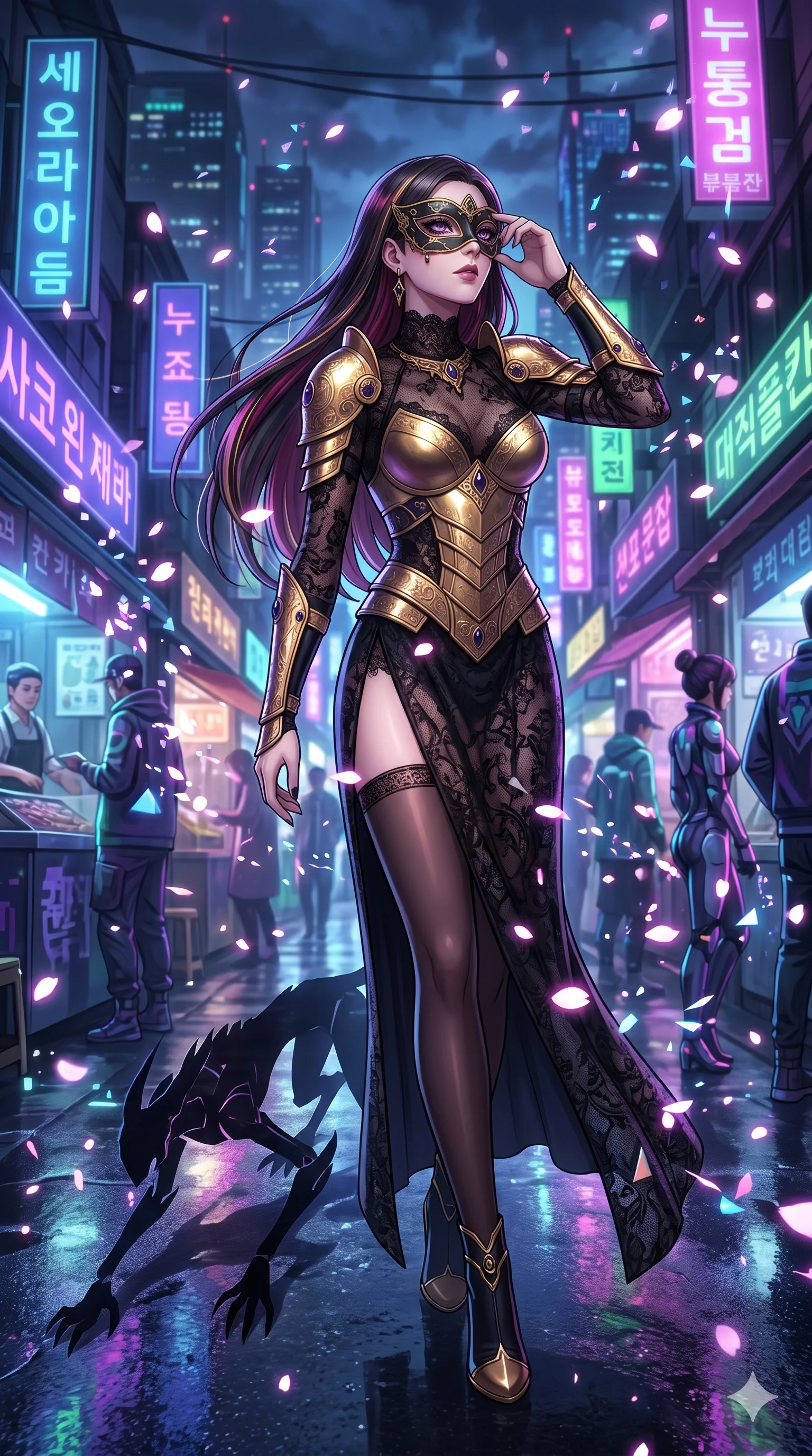 score_9, masterpiece, best quality, ultra-detailed, Set A: High-budget Anime Keyframe, Caucasian (strictly human ears) woman. Low angle cowboy shot filling the entire 9:16 frame with her statuesque presence. Adjusting a mask through a neon-lit Neo-Seoul market, while her shadow mimics the movements of a predator 5 and surrounded by digital sakura petals. She has an absolutely perfect 8-heads proportion, an exceptionally tall and slender female figure with impossibly long slender legs and an ultra-slim waist. Sharp v-shaped jawline, high-bridge nose, intricate jewel-like eyes with depth, thick eyelashes, glossy lips with a natural sheen. Wearing Ornate gold plate armor over a sheer black lace gown with a high-slit. Cinematic lighting, vibrant colors, dramatic shadows, 2k, ultra detail, master piece, 9:16 ratio