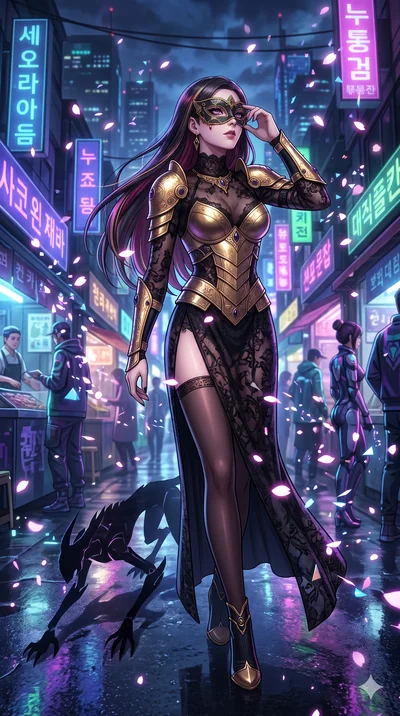 score_9, masterpiece, best quality, ultra-detailed, Set A: High-budget Anime Keyframe, Caucasian (strictly human ears) woman. Low angle cowboy shot filling the entire 9:16 frame with her statuesque presence. Adjusting a mask through a neon-lit Neo-Se