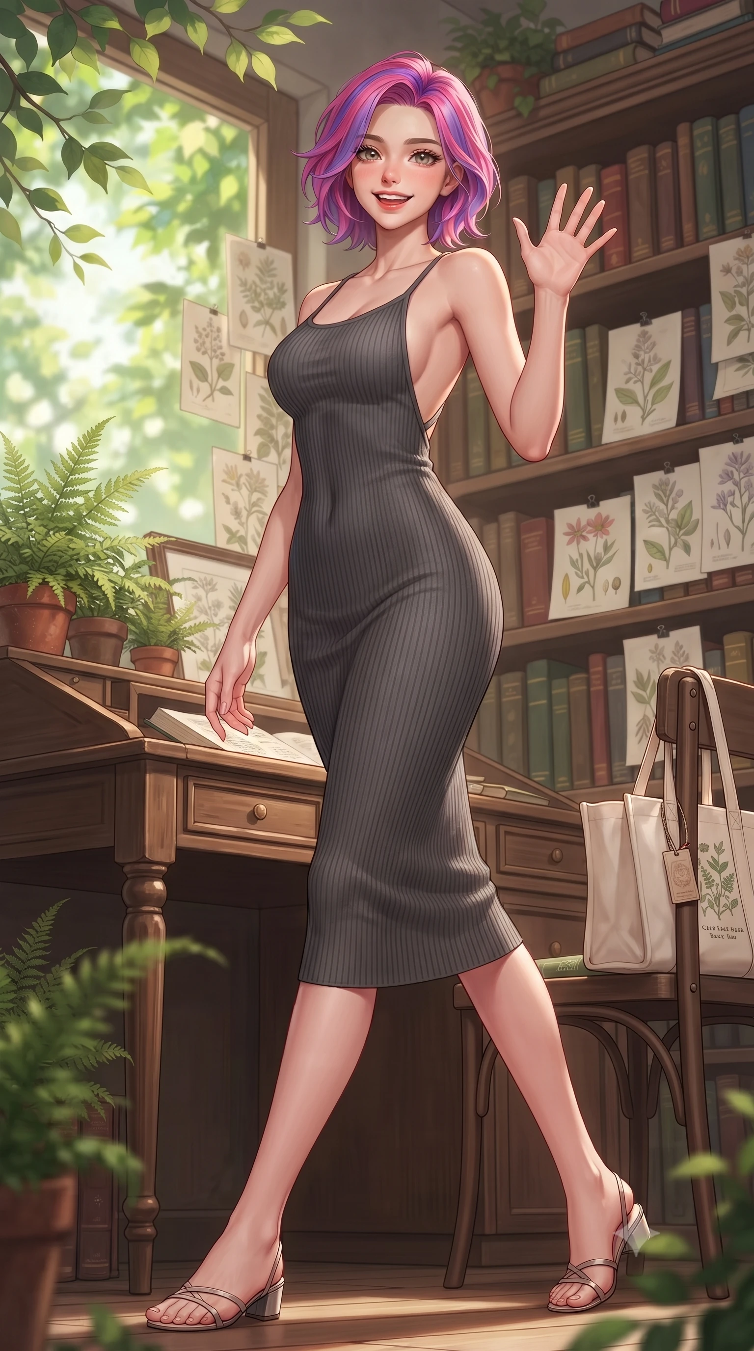 score_9, masterpiece, best quality, ultra-detailed, high-budget anime keyframe, editorial fashion photography, tasteful artistic composition, Caucasian woman. low angle full-body shot from head to toe showing her feet, filling the entire 9:16 vertical frame with her statuesque presence, stretching her vertical silhouette. stepping forward with a bright, cheerful smile, waving happily at the viewer set against a soft-focus background of at a study desk in a botanical library filled with botanical drawings and potted ferns with a cute canvas book tote bag sitting on the chair next to her. She has an absolutely perfect, statuesque 8.5-heads proportion, an exceptionally tall and slender model-like female figure with impossibly long slender legs and an ultra-slim waist. sharp v-shaped jawline, high-bridge nose, intricate jewel-like eyes with depth, thick eyelashes, glossy lips with a natural sheen. wearing body-hugging body-hugging knit midi dress with a tasteful open-back design and thin straps. soft afternoon daylight filtered through green leaves outside the window. highly saturated vibrant anime colors, detailed shading with soft gradients, rich glossy textures, high-contrast stereoscopic depth, volumetric dynamic lighting, master piece, 9:16 ratio