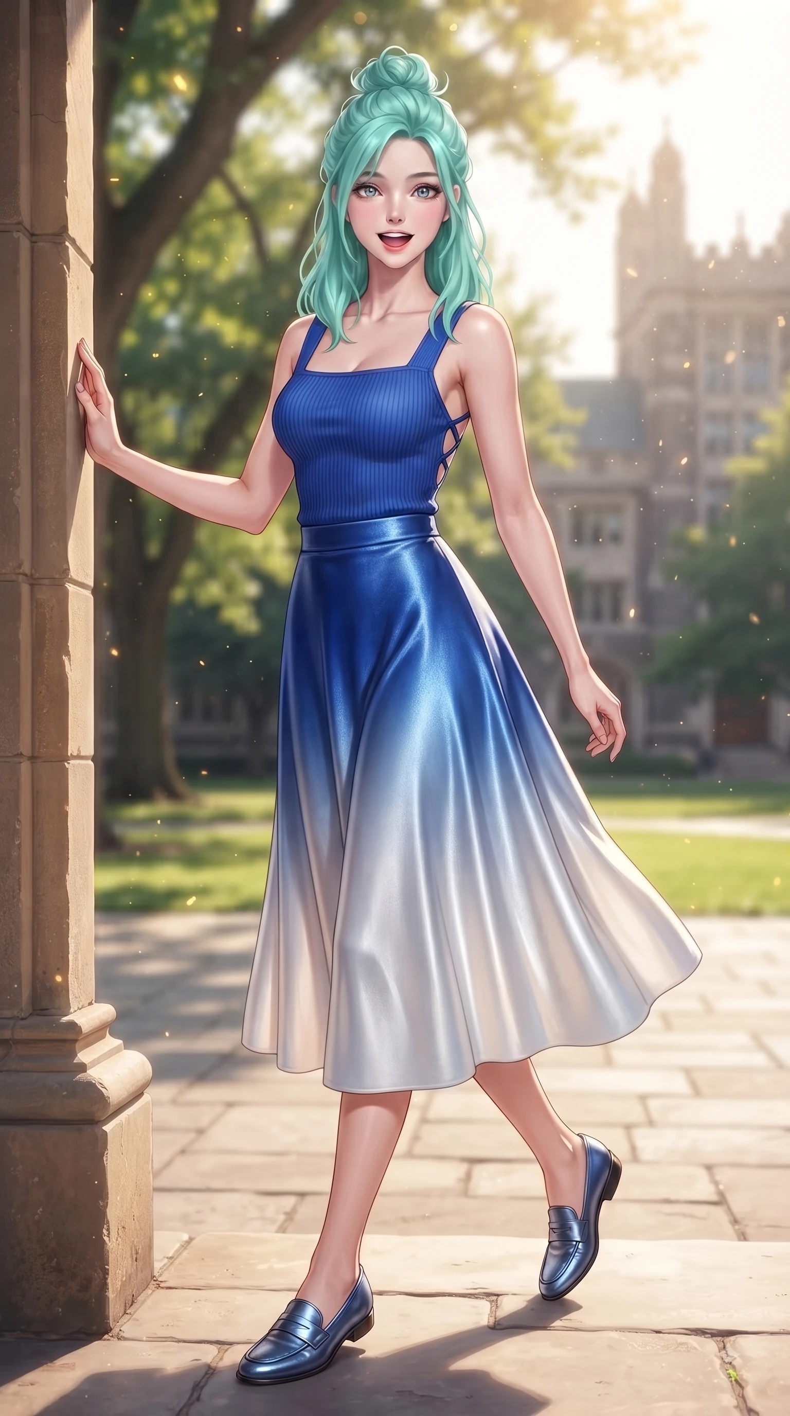 score_9, masterpiece, best quality, ultra-detailed, high-budget anime keyframe, editorial fashion photography, tasteful artistic composition, Japanese woman. low angle full-body shot from head to toe showing her feet, filling the entire 9:16 vertical frame with her statuesque presence, stretching her vertical silhouette. stepping forward gracefully in mid-motion with a delighted cute expression, displaying her statuesque model proportions while leaning against an antique stone pillar in a sun-drenched university quadrangle. The composition keeps background elements in soft focus with dreamy bokeh. lush quad lawns scattering golden sun motes into a smooth, dreamy backdrop. She has an absolutely perfect, statuesque 8.5-heads proportion, an exceptionally tall and slender model-like female figure with impossibly long slender legs and an ultra-slim waist. sharp v-shaped jawline, high-bridge nose, intricate jewel-like eyes with depth, thick eyelashes, glossy lips with a natural sheen, flawlessly proportioned anatomical accuracy, natural body alignment, perfectly sculpted elegant limbs, clean dynamic posture without body distortion. wearing a chic square-neck ribbed top paired with a flowing A-line midi skirt in vibrant cobalt blue and crisp snow white, made of lustrous stretch velvet, finished with delicate criss-cross back straps highlighting her bare shoulders, the glove-like fit emphasizing her statuesque silhouette during motion. surrounded by an uplifting, fresh, and youthful academic ambiance. ultra-reflective glossy finish, specular highlights, metallic sheen, high-contrast stereoscopic depth, volumetric dynamic lighting, 2k, ultra detail, master piece, 9:16 ratio