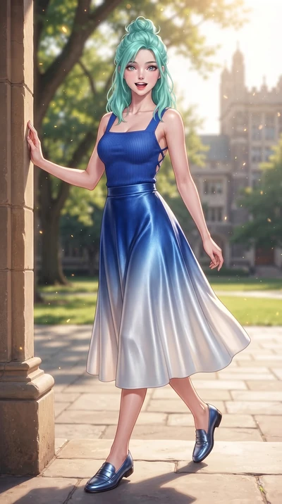 score_9, masterpiece, best quality, ultra-detailed, high-budget anime keyframe, editorial fashion photography, tasteful artistic composition, Japanese woman. low angle full-body shot from head to toe showing her feet, filling the entire 9:16 vertical