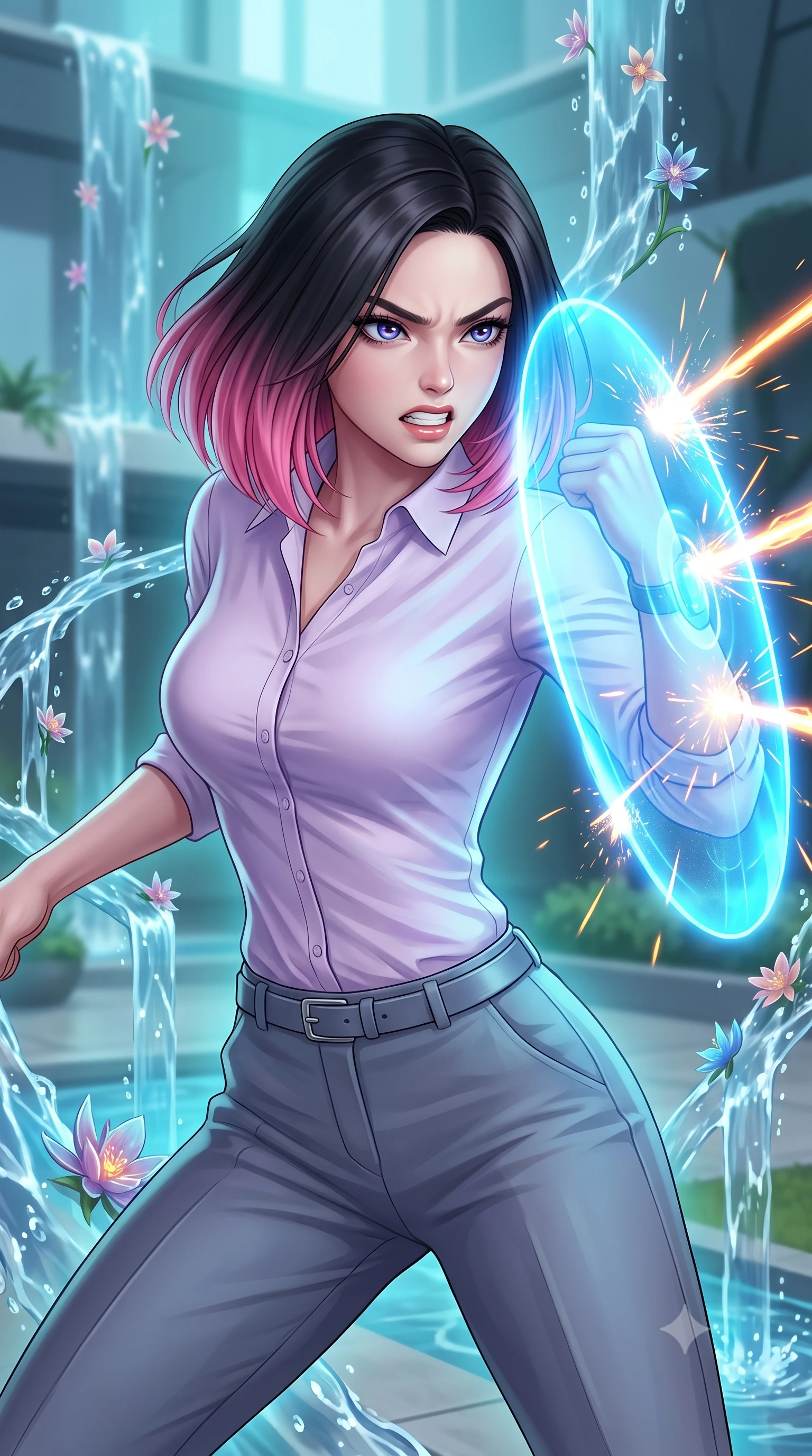 score_9, masterpiece, best quality, ultra-detailed, high-budget anime keyframe, editorial fashion photography, tasteful artistic composition, Korean woman. close-up cowboy shot from the waist and thighs up, the character dominates the composition, filling the frame with her large presence, background elements kept in soft focus. Deflecting incoming plasma bolts with a glowing energy shield attached to her forearm, teeth grit in determination. set against a soft-focus background of a modern courtyard with water streams that flow in geometric patterns defying gravity, nanotech flowers blooming instantly. She has an exceptionally elegant and slender, willowy female figure with an ultra-slim waist, a gracefully sculpted slender torso, and a refined slim physique. sharp v-shaped jawline, high-bridge nose, intricate jewel-like eyes with depth, thick eyelashes, glossy lips with a natural sheen. wearing the lightweight fabric rippling and billowing dramatically with her movement, a body-hugging pale lilac button-down shirt paired with tailored slate grey trousers and a matching slim leather belt. highly saturated vibrant anime colors, intense vivid color palette, soft 3D volumetric shading, volumetric dynamic lighting, soft aqua bioluminescent light making her skin luminously glow against darkness. 2k, ultra detail, master piece, 9:16 ratio