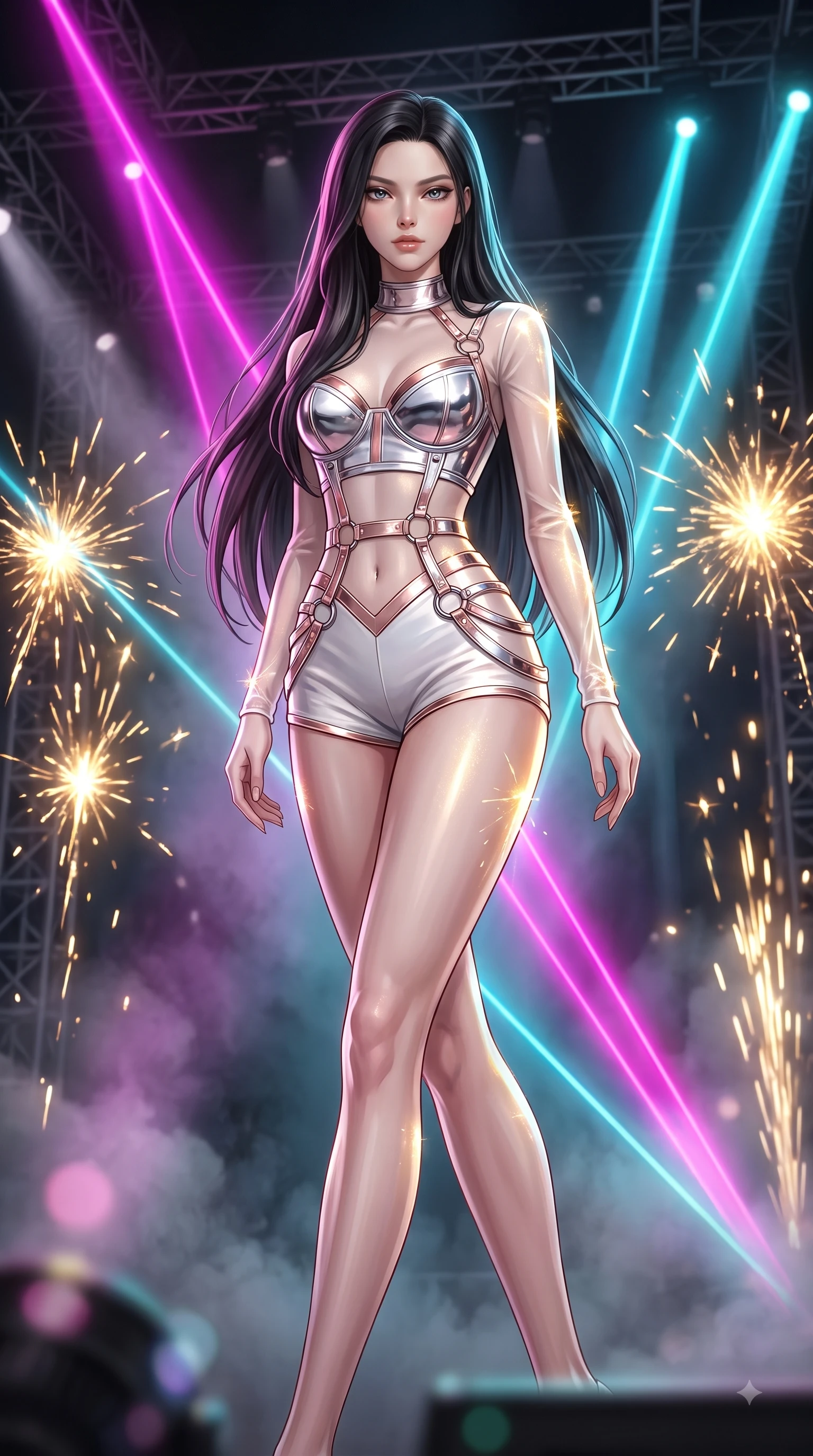 score_9, masterpiece, best quality, ultra-detailed, high-budget anime keyframe, editorial fashion photography, tasteful artistic composition, Korean woman. low angle full-body shot from head to toe showing her feet, filling the entire 9:16 vertical frame with her statuesque presence, stretching her vertical silhouette. forging dynamically through the scene with her long slender legs and ultra-slim waist creating a sweeping curve while pivoting dynamically in a dancer stance with a magnetic, composed gaze directed at the camera, intense volumetric laser beams cutting through stage fog in magenta and cyan. She has an absolutely perfect, statuesque 8.5-heads proportion, an exceptionally tall and slender model-like female figure with impossibly long slender legs and an ultra-slim waist. sharp v-shaped jawline, high-bridge nose, intricate jewel-like eyes with depth, thick eyelashes, glossy lips with a natural sheen, flawlessly proportioned anatomical accuracy, natural body alignment, perfectly sculpted elegant limbs, clean dynamic posture without body distortion. wearing a chrome-plated structured bodice worn over a sheer mesh top and micro-shorts in pearl white and rose gold, woven from fine semi-opaque sheer organza, accented with delicate chrome ring hardware framing her waist, the form-contouring material highlighting her ultra-slim waist and long lines. illuminated by golden spark explosions and high-contrast concert lighting. ultra-reflective glossy finish, specular highlights, metallic sheen, high-contrast stereoscopic depth, volumetric dynamic lighting, 2k, ultra detail, master piece, 9:16 ratio