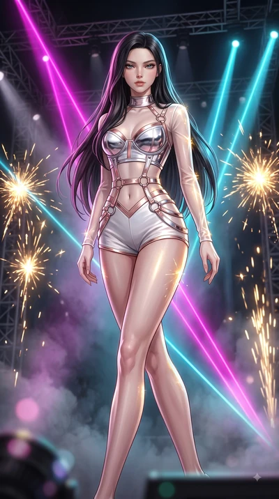 score_9, masterpiece, best quality, ultra-detailed, high-budget anime keyframe, editorial fashion photography, tasteful artistic composition, Korean woman. low angle full-body shot from head to toe showing her feet, filling the entire 9:16 vertical f