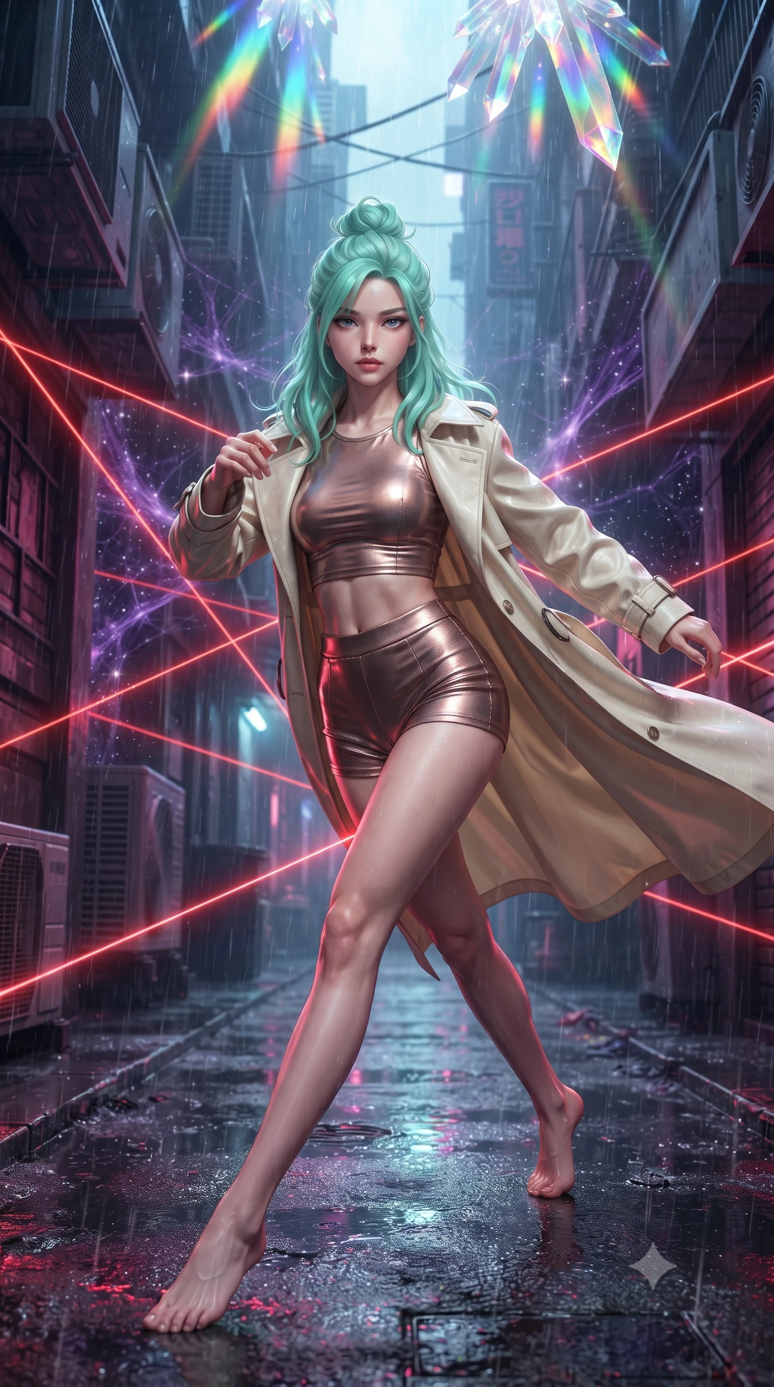 score_9, masterpiece, best quality, ultra-detailed, high-budget anime keyframe, editorial fashion photography, tasteful artistic composition, realistic cosplay photography, Japanese woman. low angle full-body shot from head to toe showing her feet, filling the entire 9:16 vertical frame with her statuesque presence, stretching her vertical silhouette. dashing through rain-slicked cyberpunk alleyways, dodging laser tripwires with fluid agility through a space region where purple dark matter filaments are visible like cosmic spiderwebs, stars trapped in the threads. She has a statuesque 8.5-heads proportion, an exceptionally tall, slender and willowy model-like build with impossibly long legs and a highly sculpted ultra-slim waist. sharp v-shaped jawline, high-bridge nose, intricate jewel-like eyes with depth, thick eyelashes, glossy lips with a natural sheen. wearing catching and diffusing the glowing particles, shimmering softly in response to the surrounding light, a body-hugging metallic bronze crop top paired with high-waisted matching micro-shorts, under a flowing cream trench coat. cascading rainbow prismatic light refracting through crystal formations overhead. ultra-reflective glossy finish, specular highlights, metallic sheen, high-contrast stereoscopic depth, volumetric dynamic lighting, 2k, ultra detail, master piece, 9:16 ratio